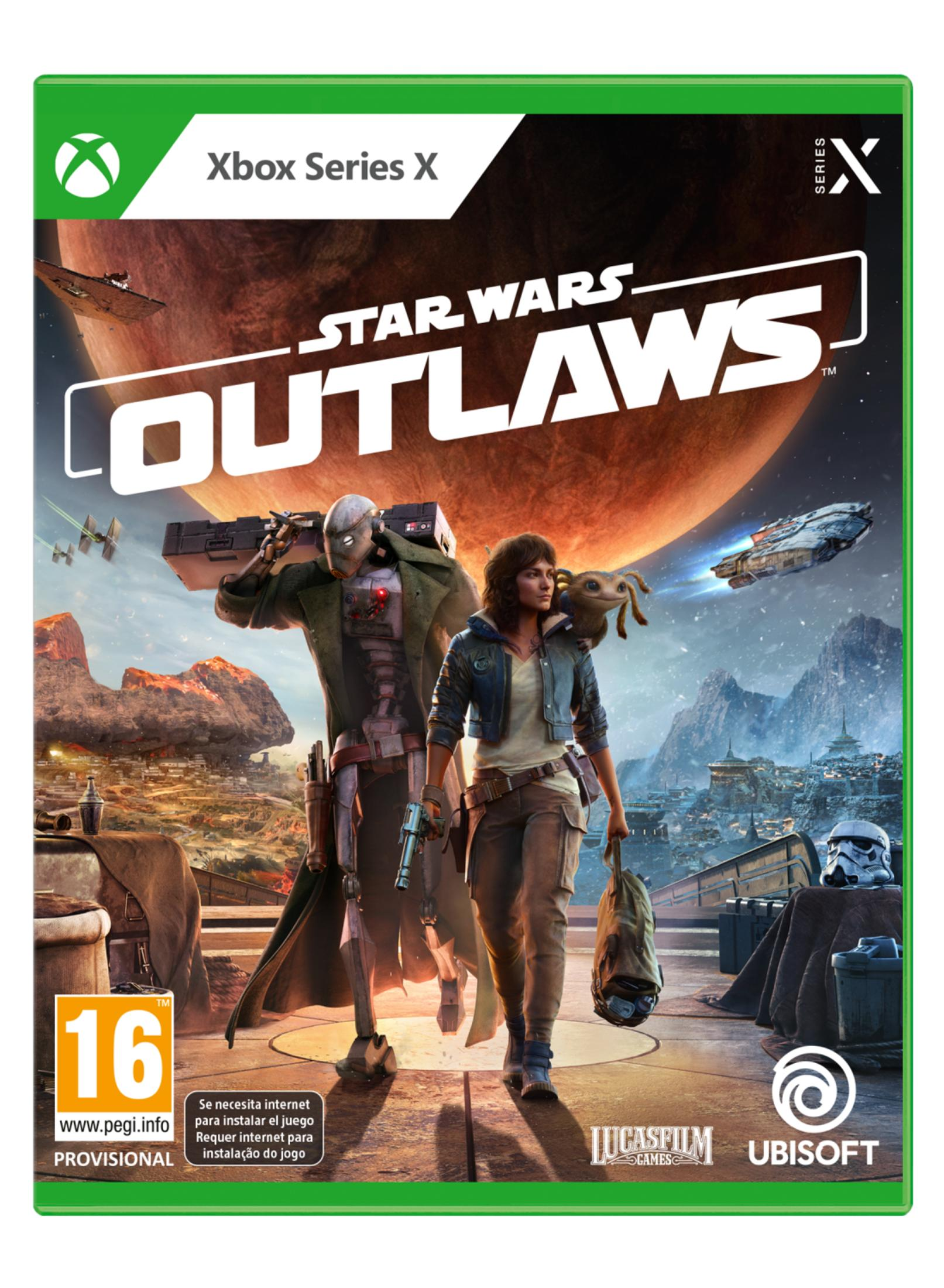 Portada del juego Star Wars Outlaws para Xbox Series X con dos personajes y una nave.