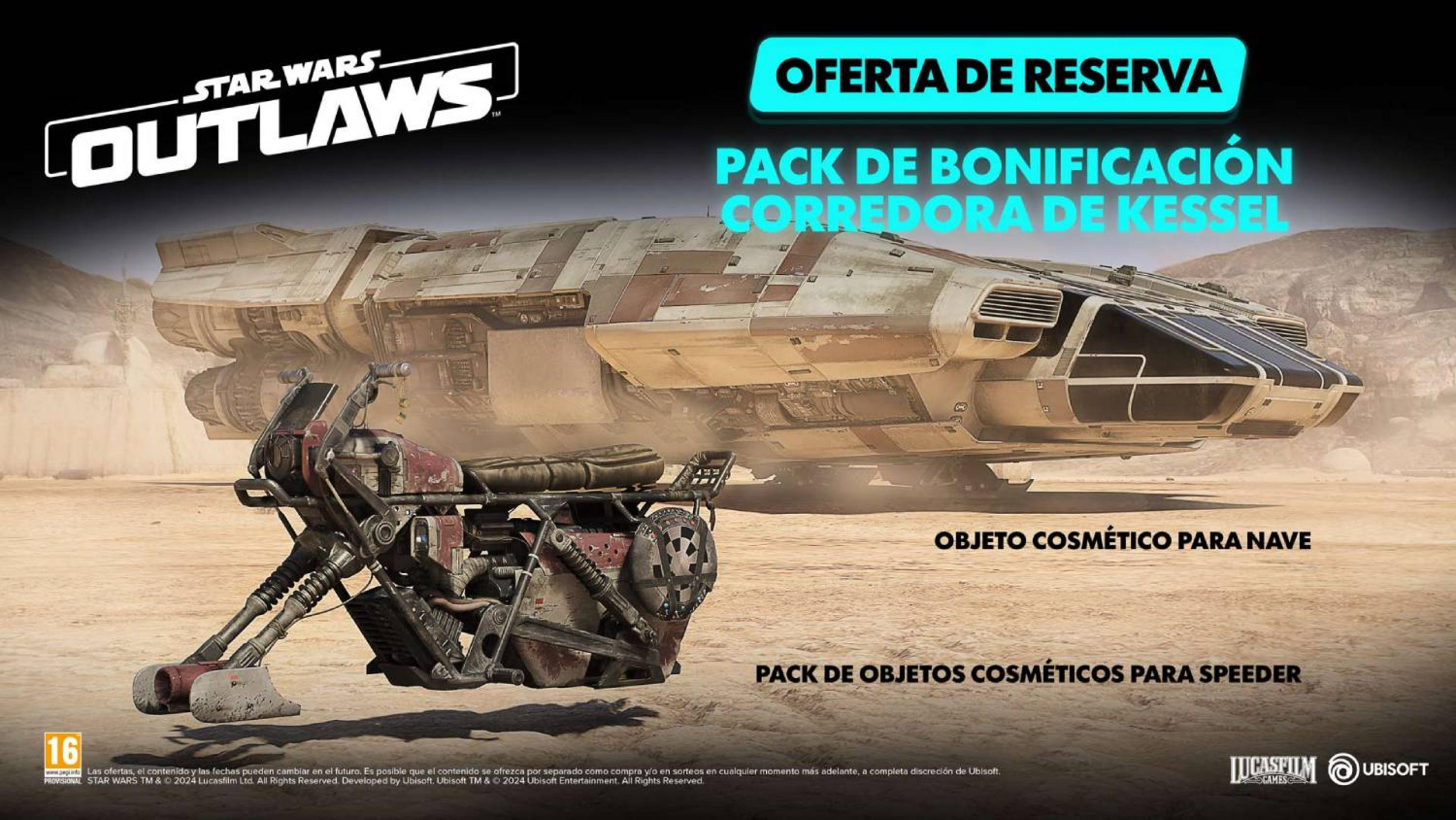Star Wars Outlaws: Speeder y nave en paisaje desértico. Anuncio de juego.
