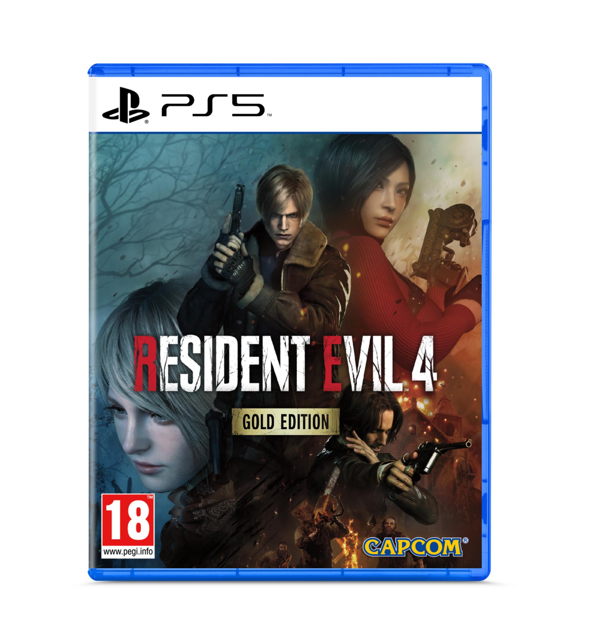 Custodia PS5 Resident Evil 4 Gold Edition con personaggi Leon, Ada e Ashley. Vietato ai minori.