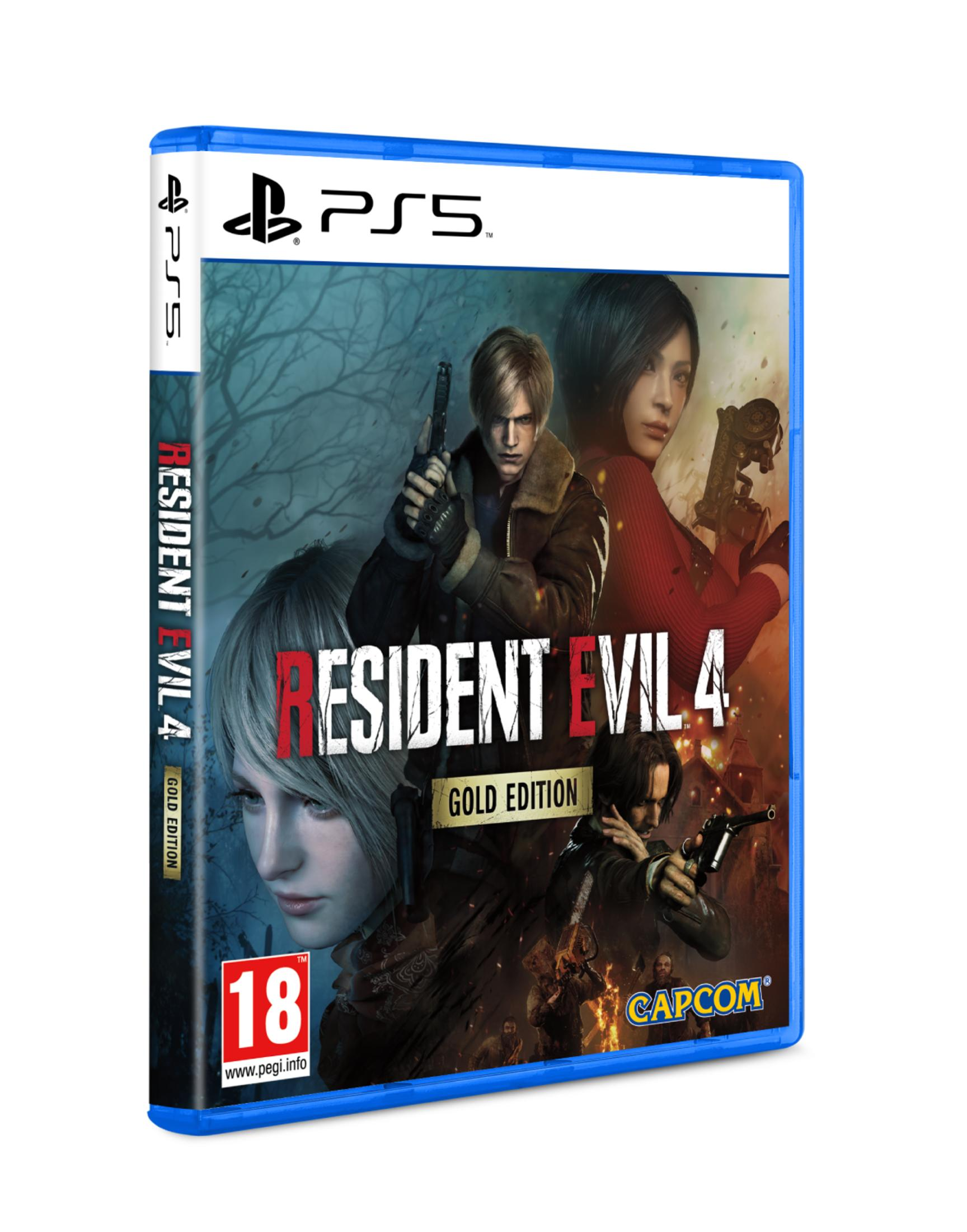 Custodia PS5 Resident Evil 4 Gold Edition con personaggi e logo Capcom.