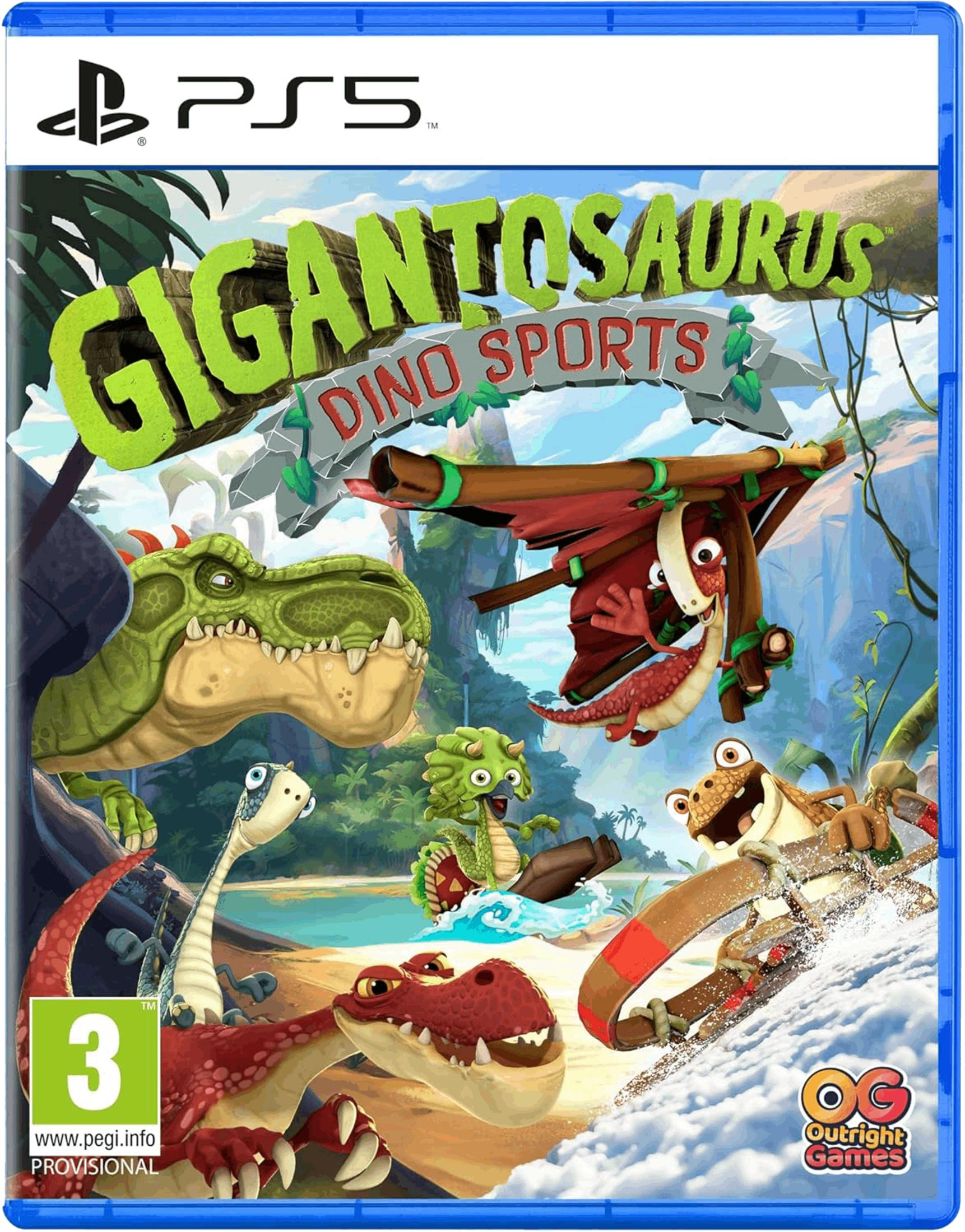 Portada del juego de PS5 Gigantosaurus Dino Sports con varios dinosaurios practicando deportes.