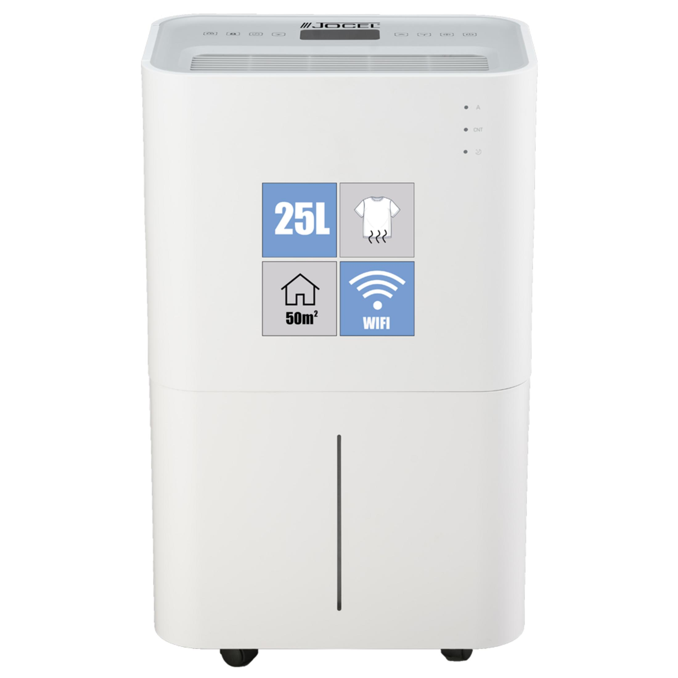 Deshumidificador blanco de 25L con función secado ropa, 50m² y WiFi.
