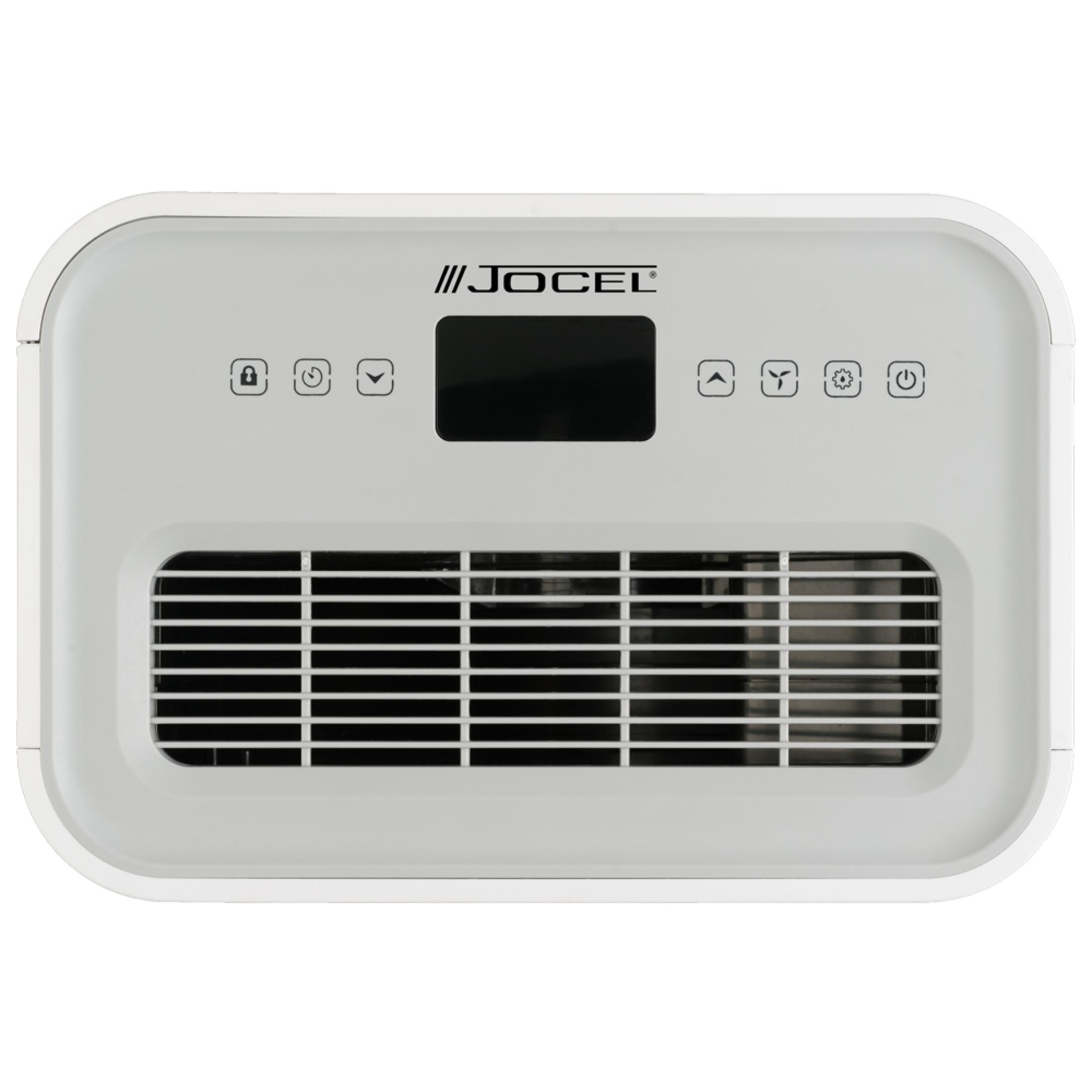 Un purificador de aire rectangular blanco con pantalla negra y botones de control, mostrando el logo "JOCEL".