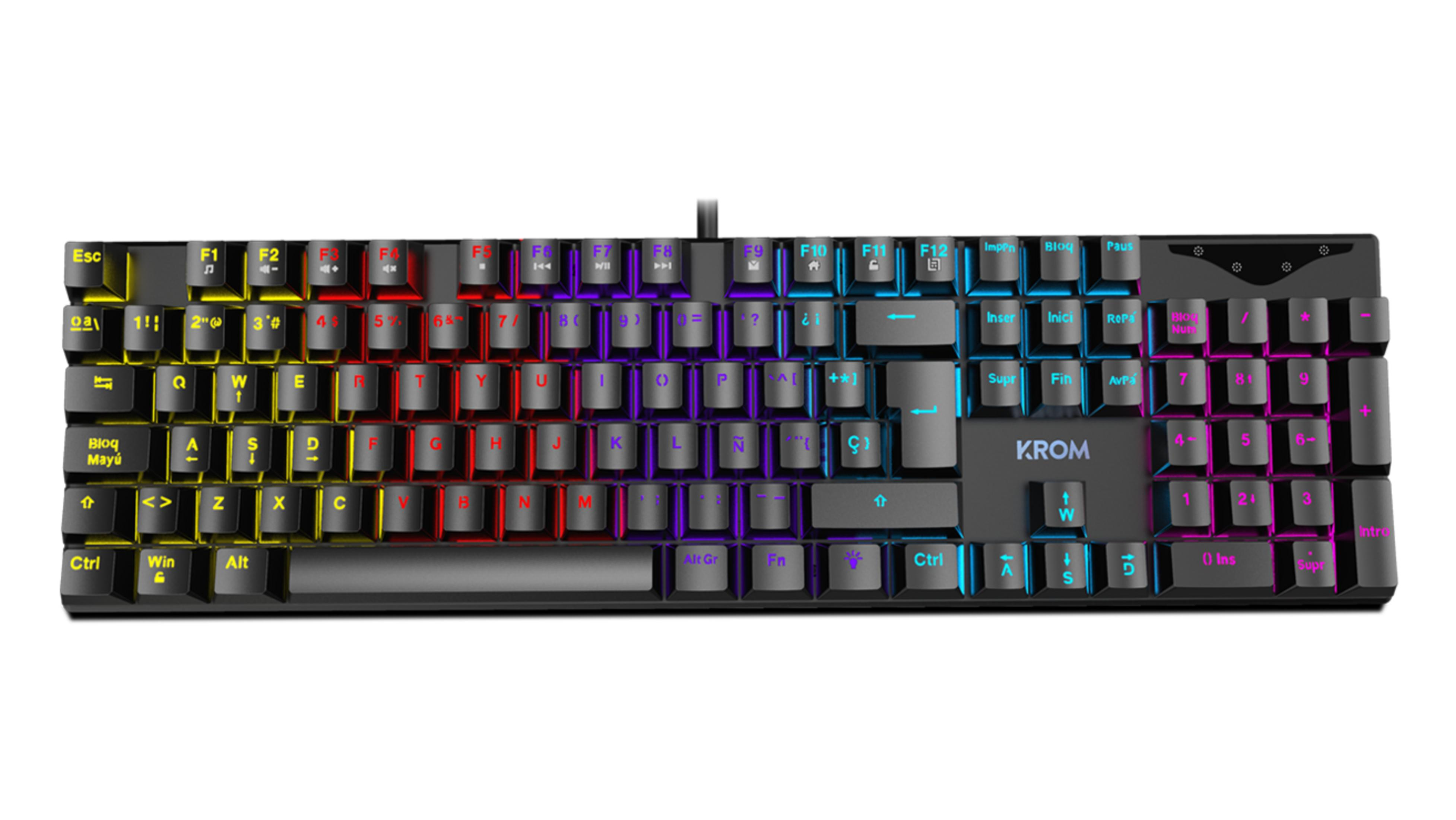 Una tastiera nera con tasti retroilluminati RGB illuminati in vari colori.