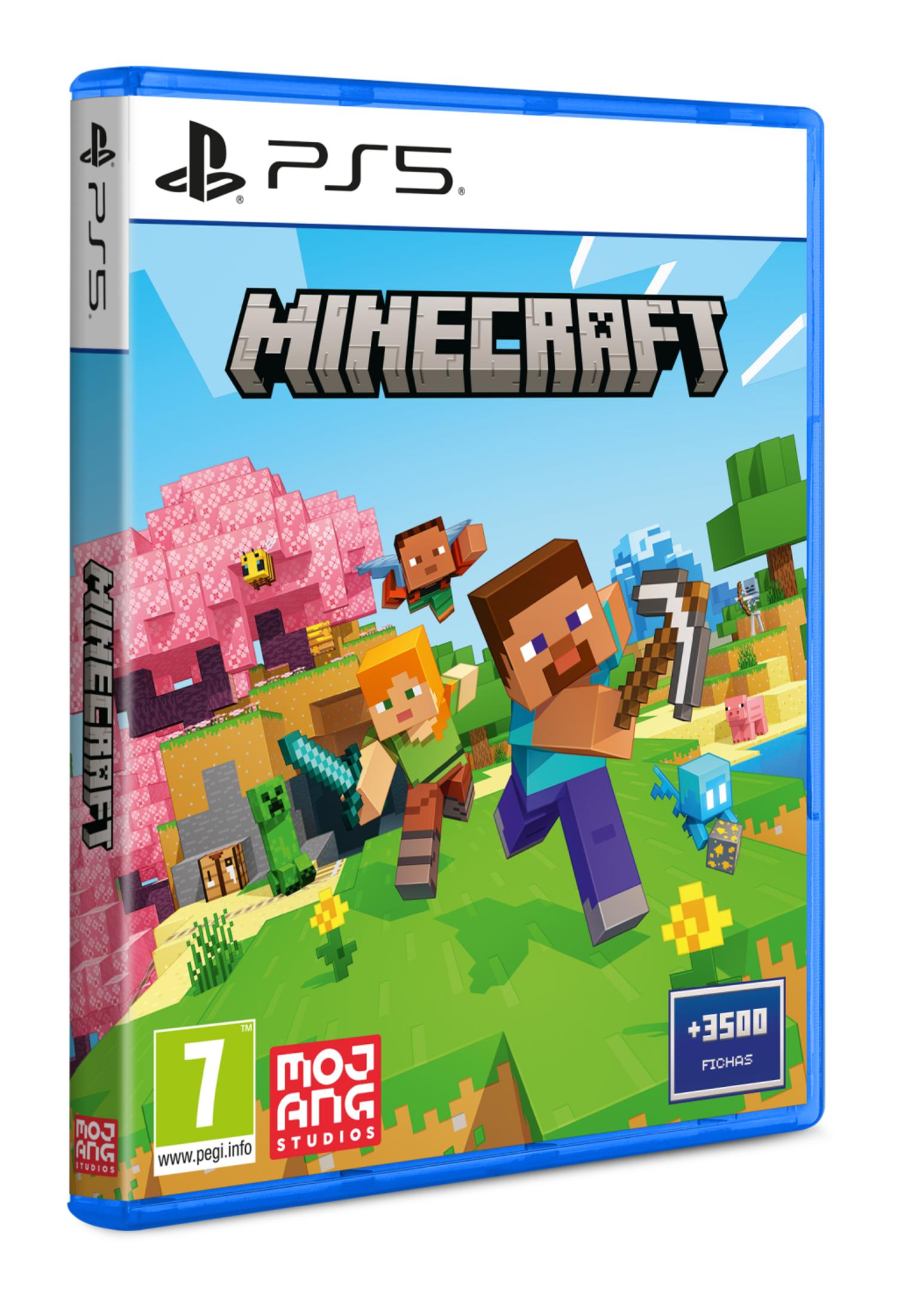 Custodia del gioco Minecraft PS5 con personaggi, maiale, creeper, api e alberi.