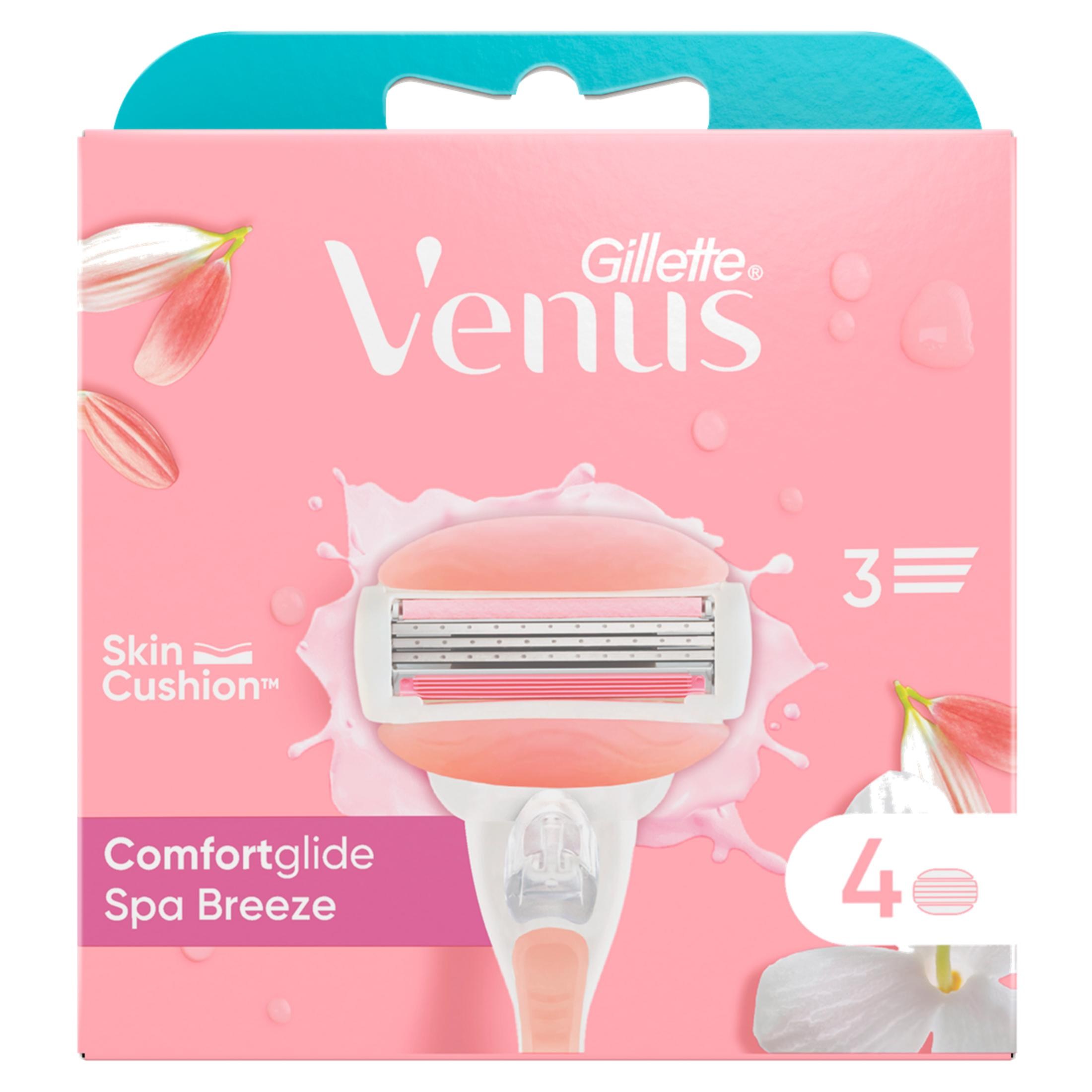 Maquinilla Gillette Venus Comfortglide Spa Breeze, empaque rosa con toques florales y 4 hojas.