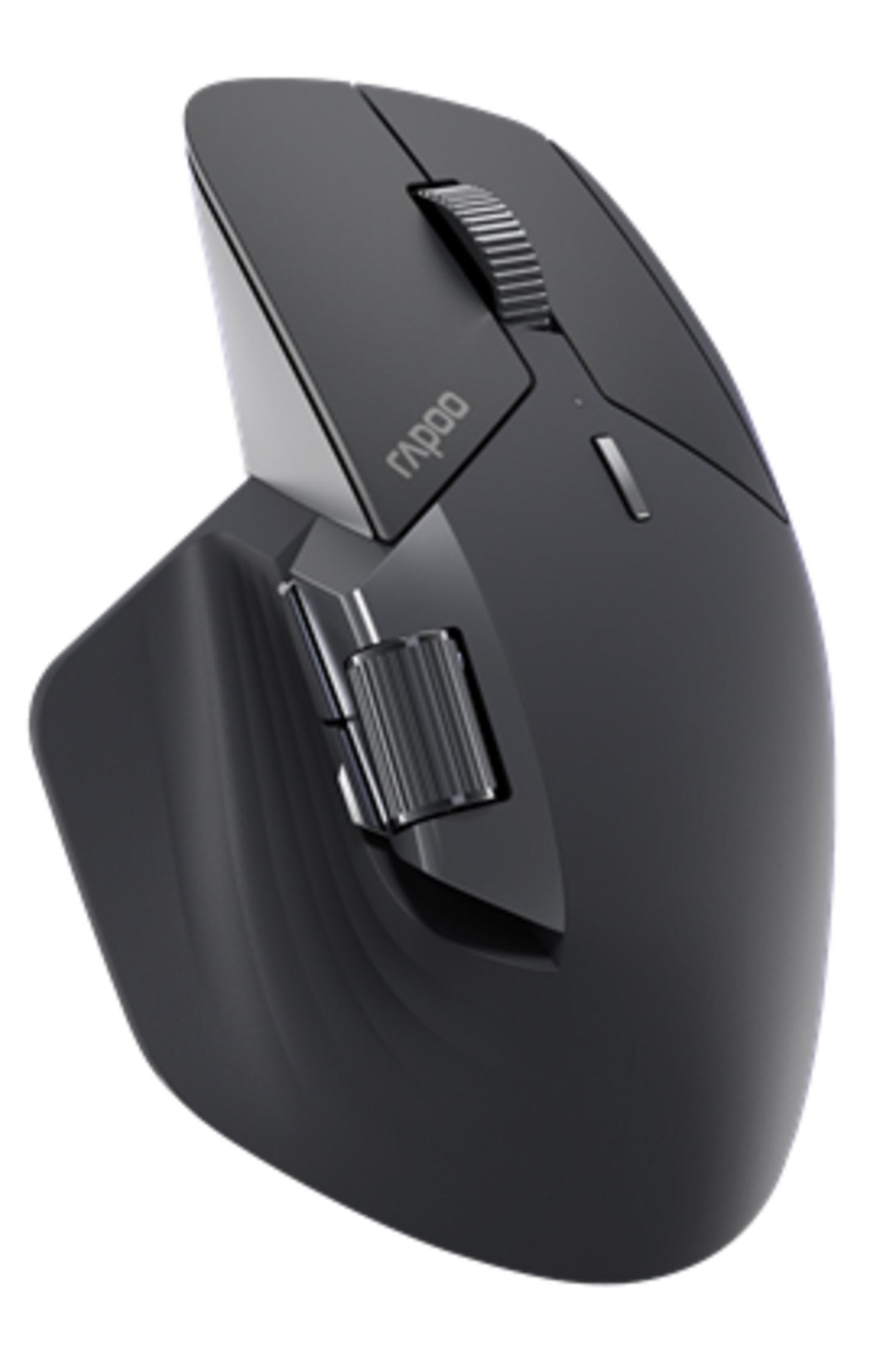 Mouse ergonomico nero con rotella di scorrimento e pulsanti laterali.