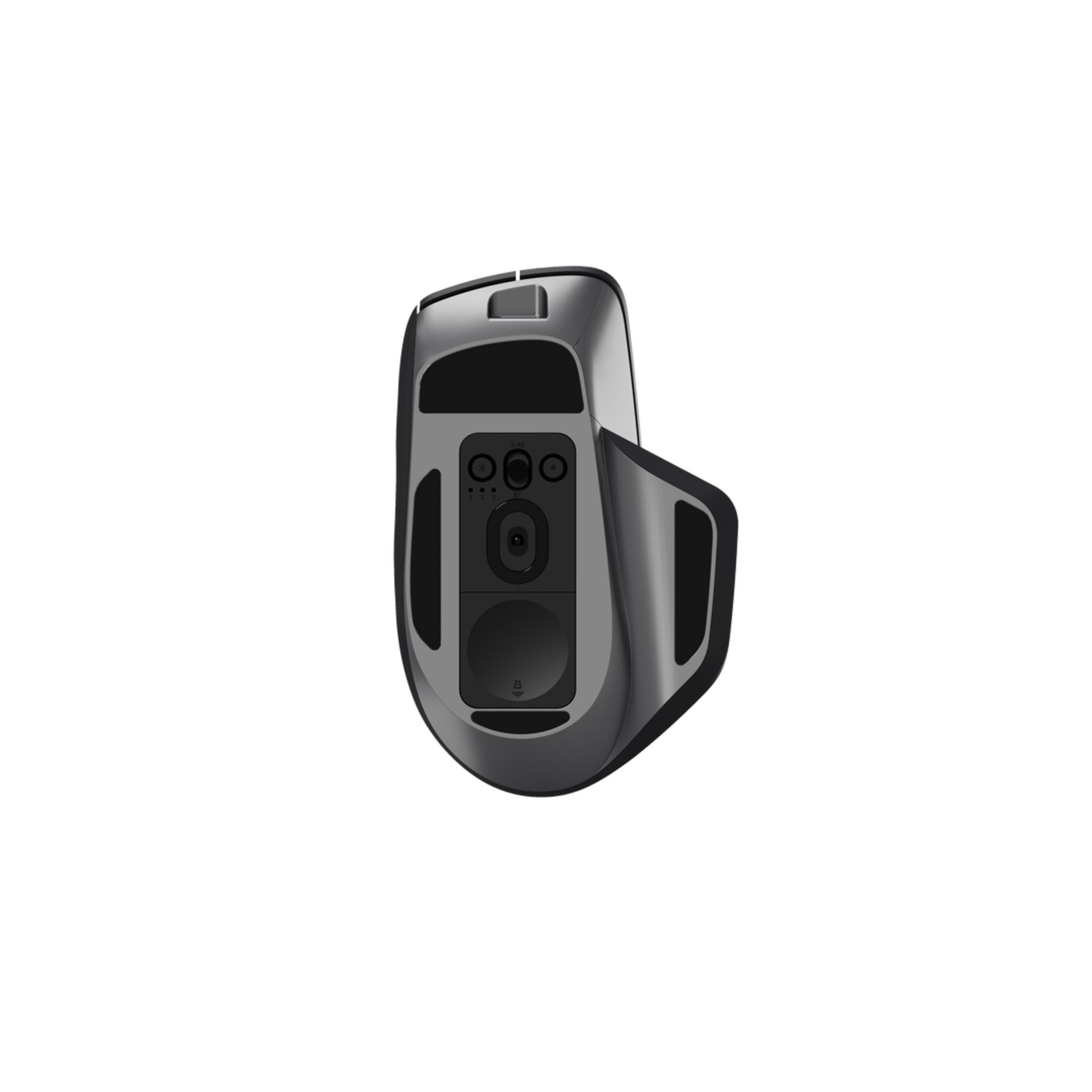 Parte inferiore di un mouse grigio e nero che mostra sensori e pulsanti.