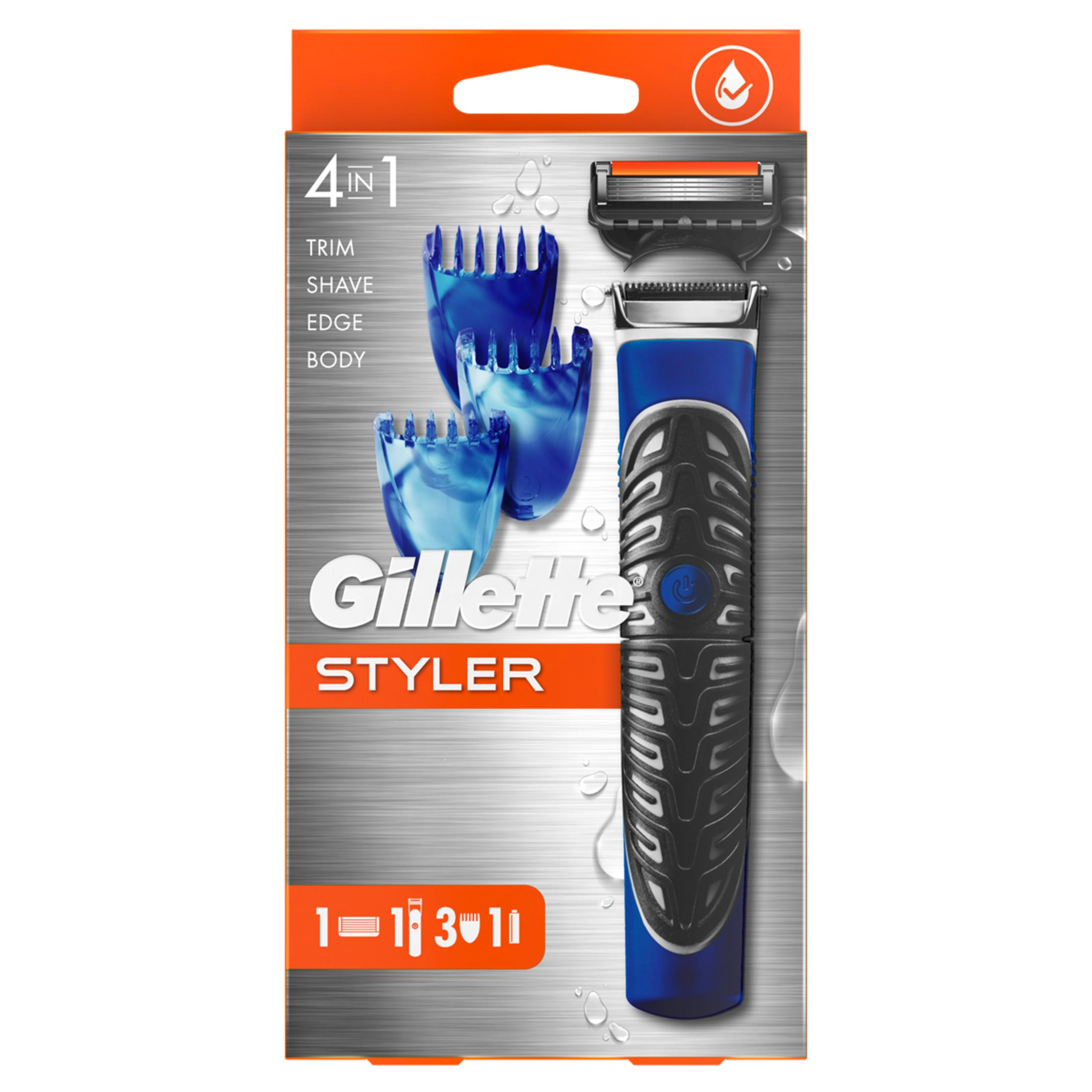 Pack de afeitadora Gillette Styler 4 en 1 con accesorios y cuchillas.