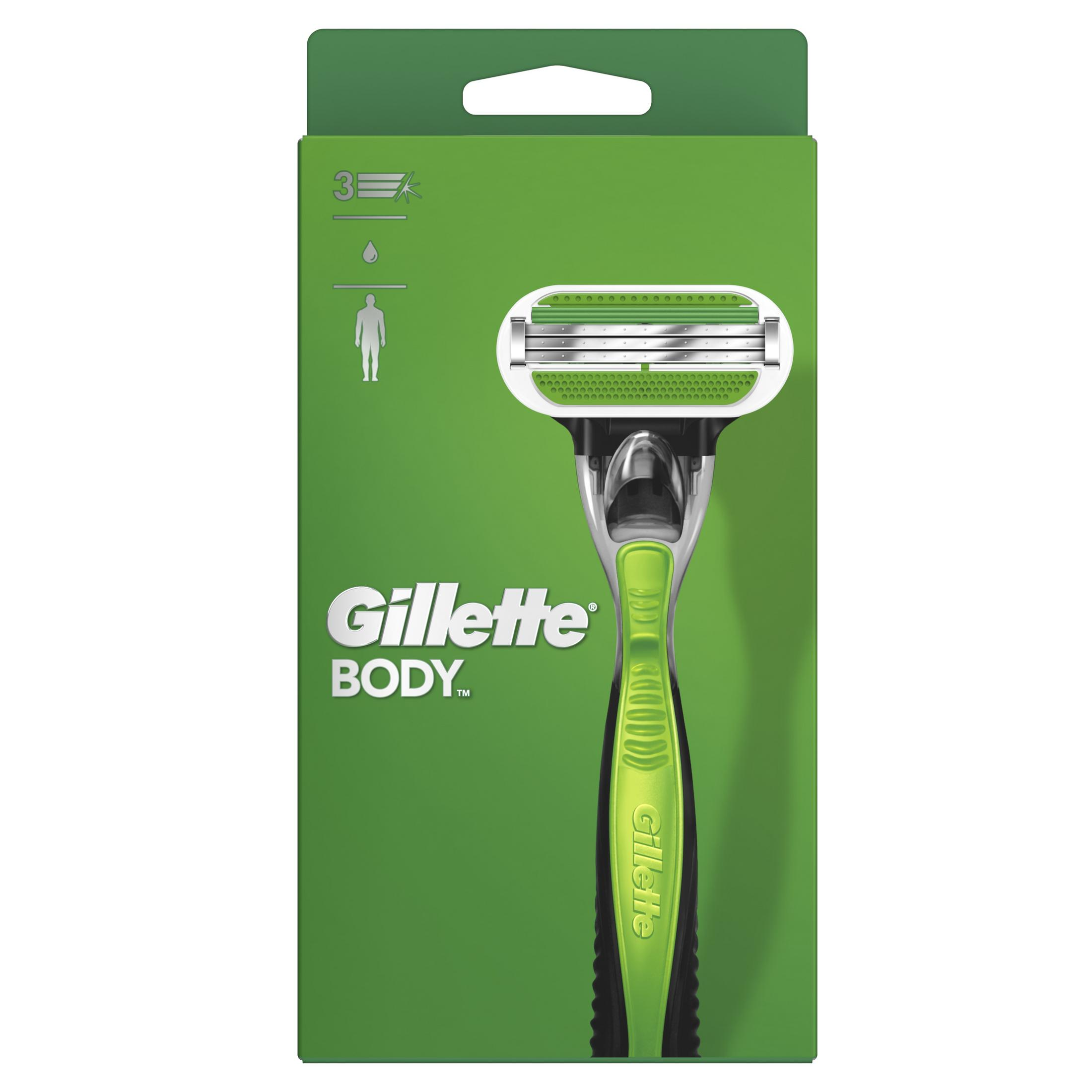 Maquinilla Gillette Body en envase verde. Incluye 3 hojas y mango de agarre cómodo.
