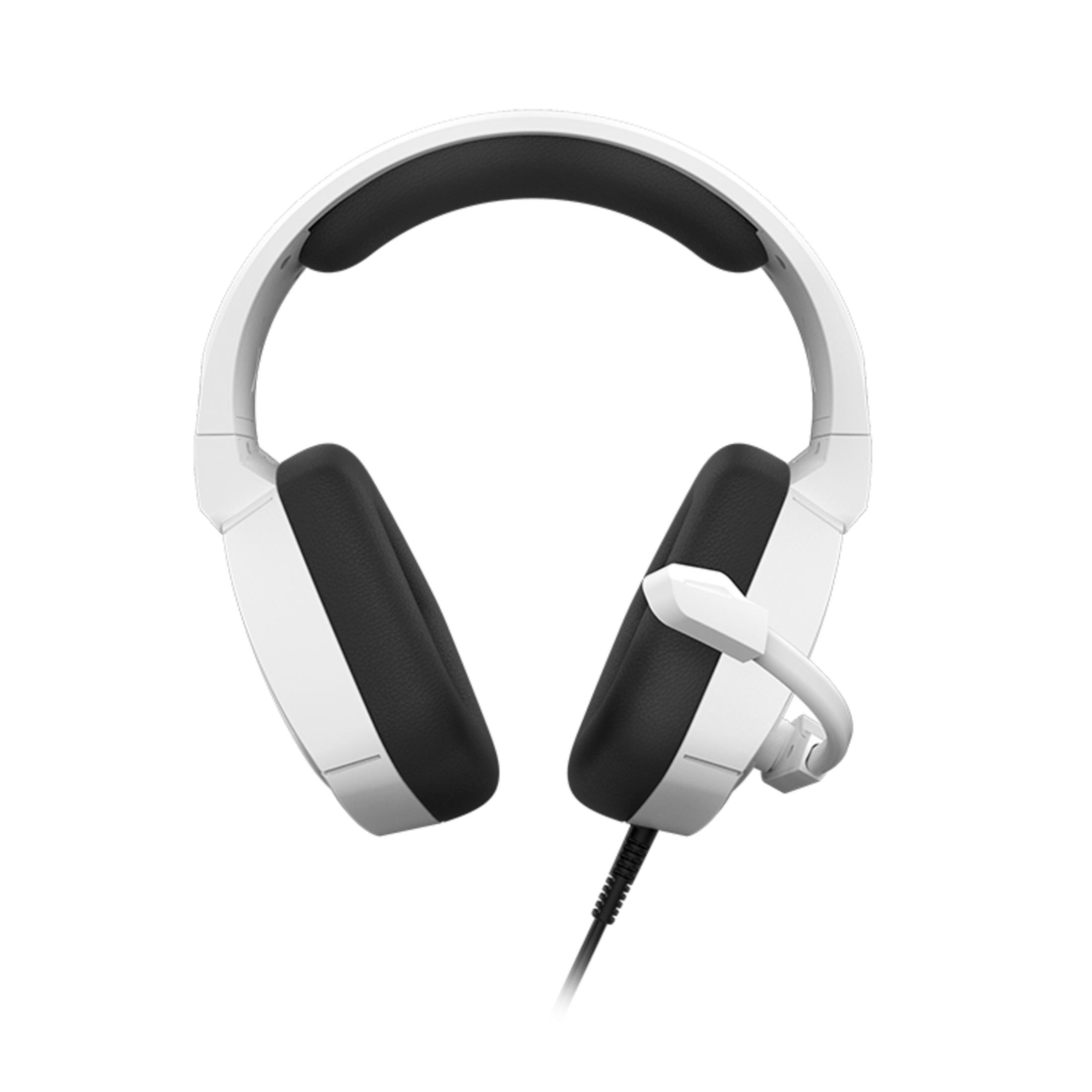 Cuffie da gaming bianche con padiglioni neri e microfono.