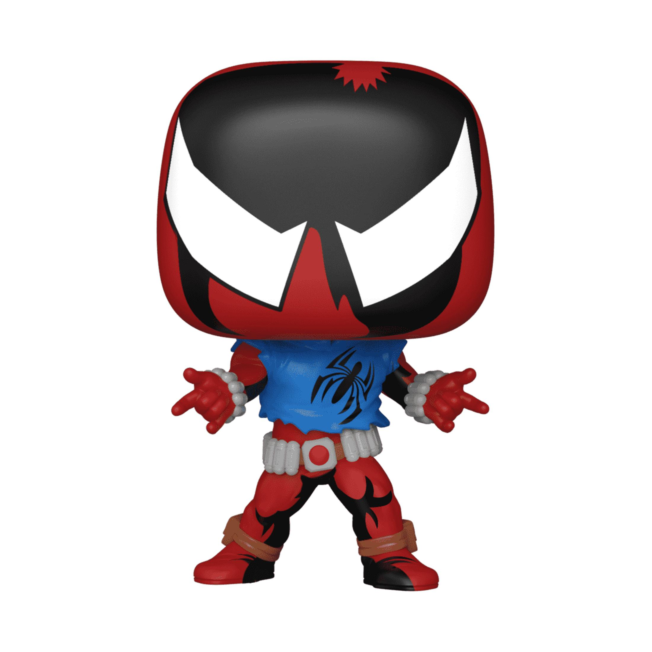 Una figura Funko Pop roja y negra con camisa azul y logo de araña.