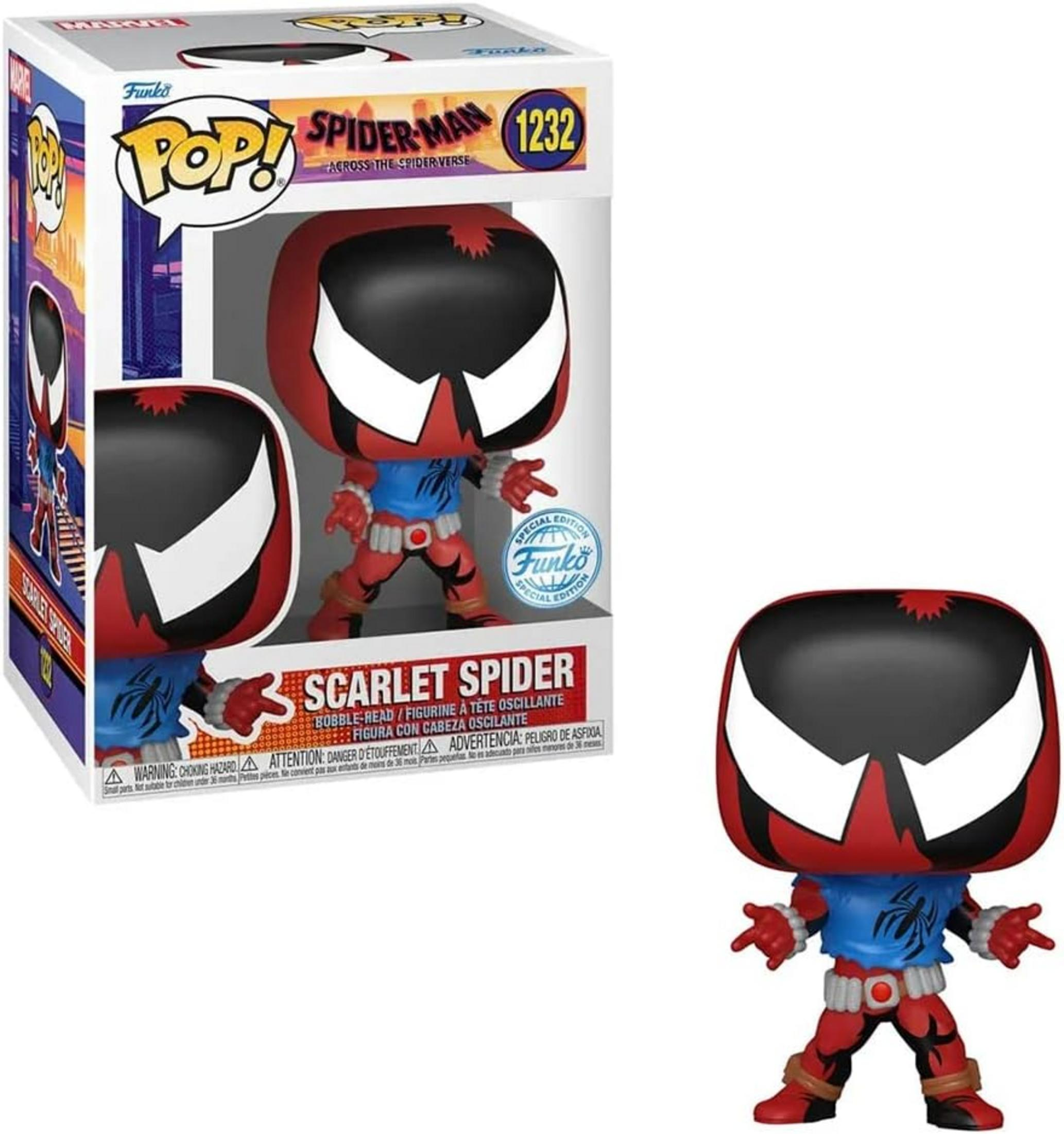 Figura Funko Pop! Scarlet Spider con traje rojo y azul y máscara.