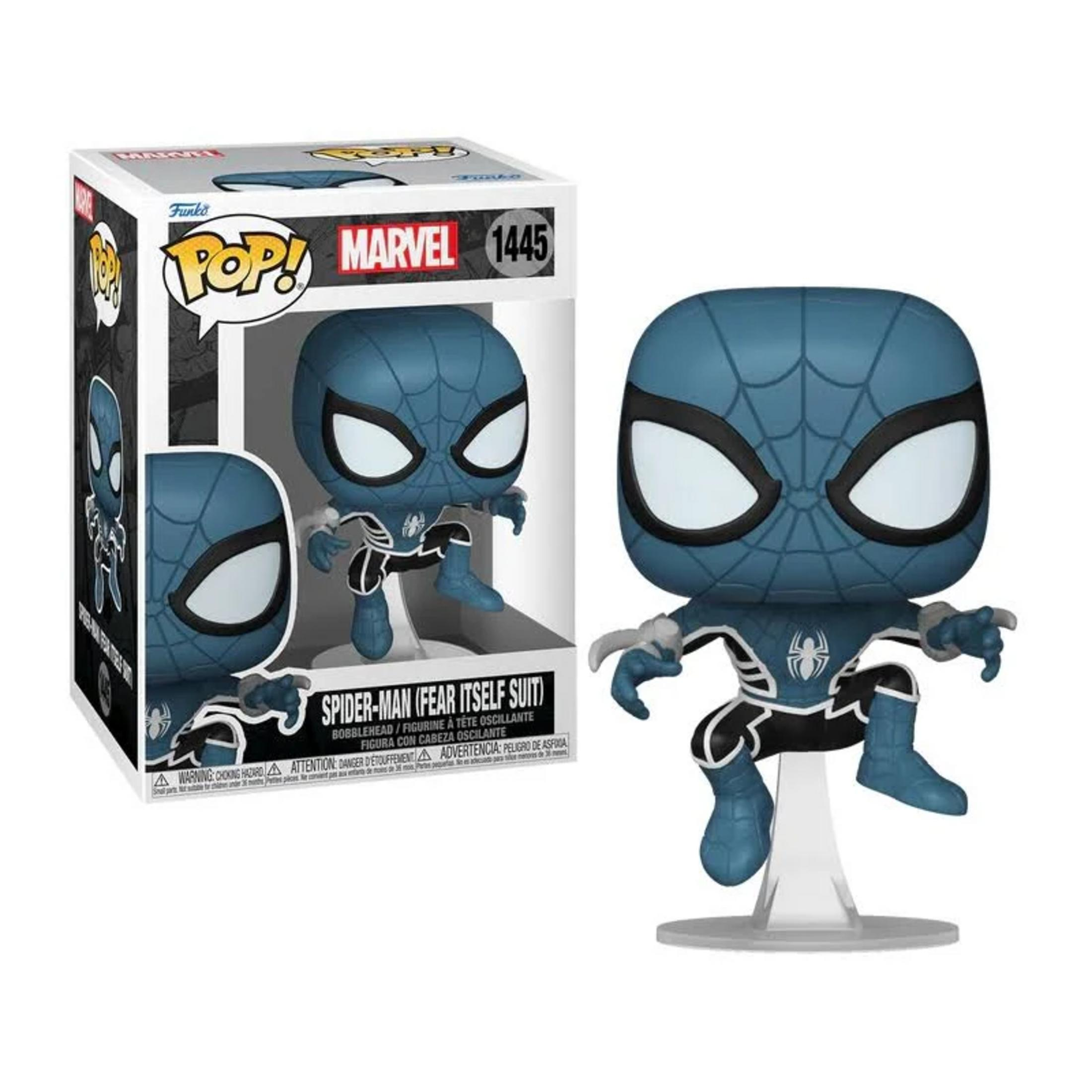 Figura Funko Pop! de Spider-Man azul con traje negro y logo de araña, sobre un soporte.