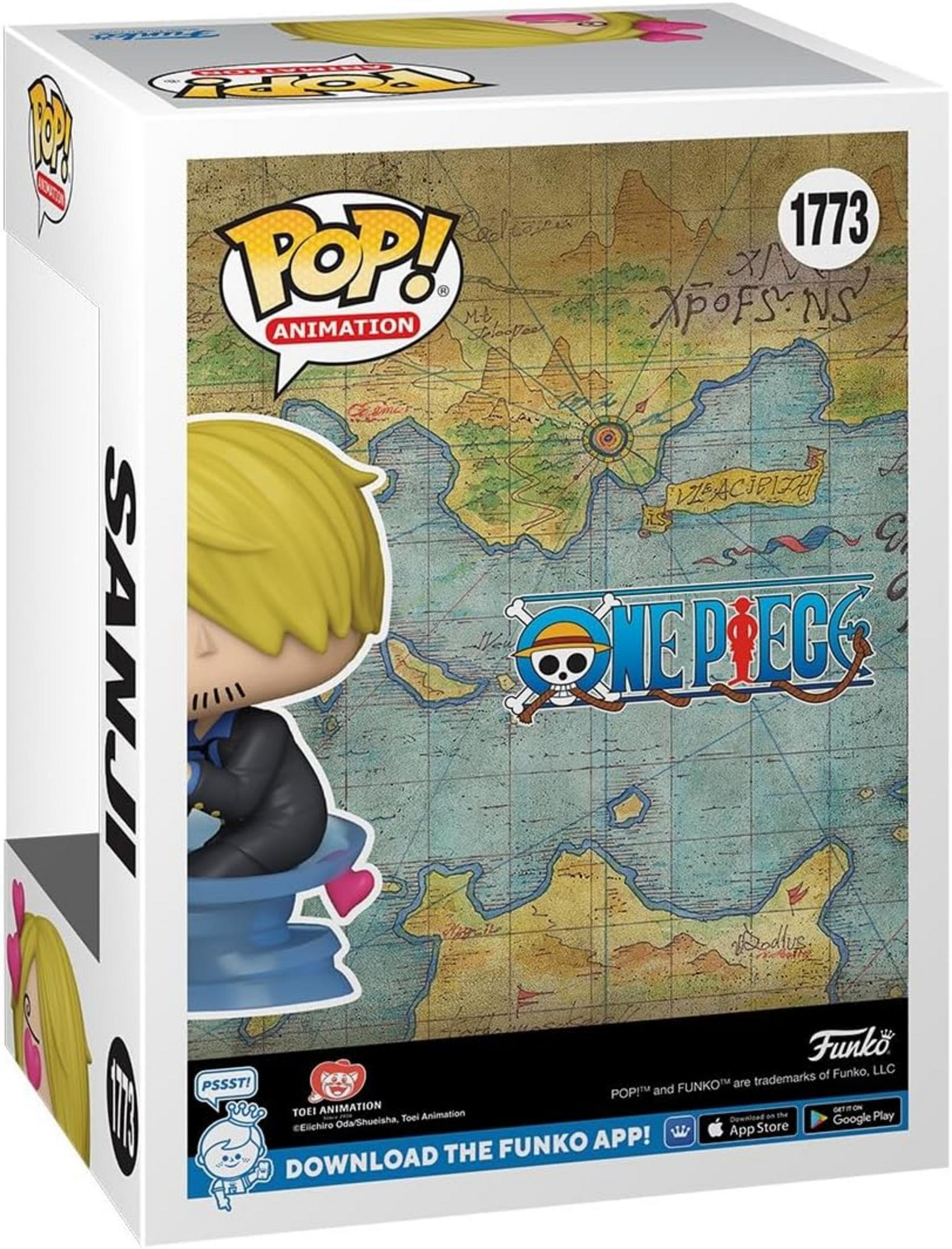 Action figure Funko Pop! "One Piece" su una mappa. Sanji con capelli biondi e completo.