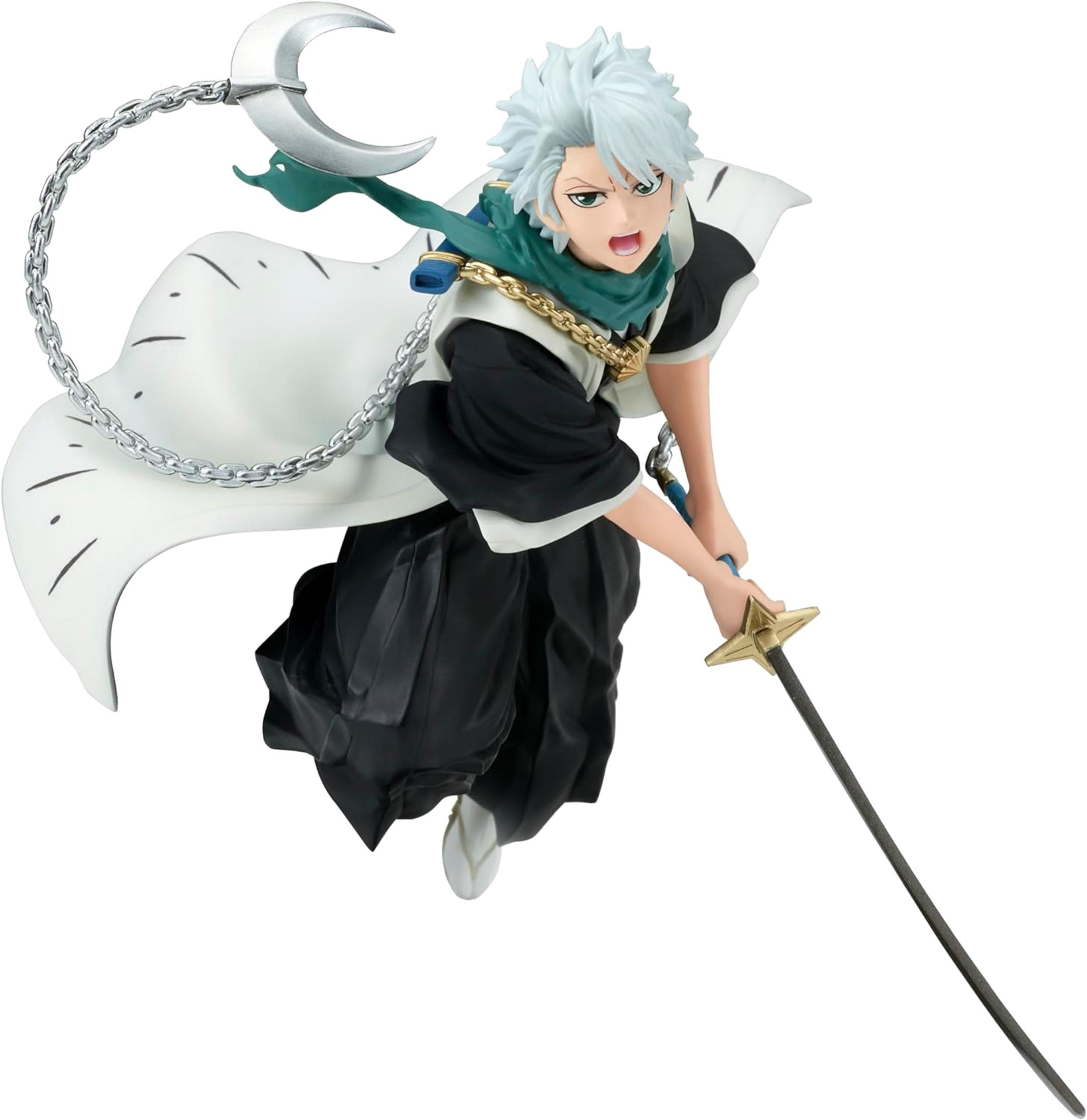 Una figura de pelo blanco con espada viste capa blanca y negra.