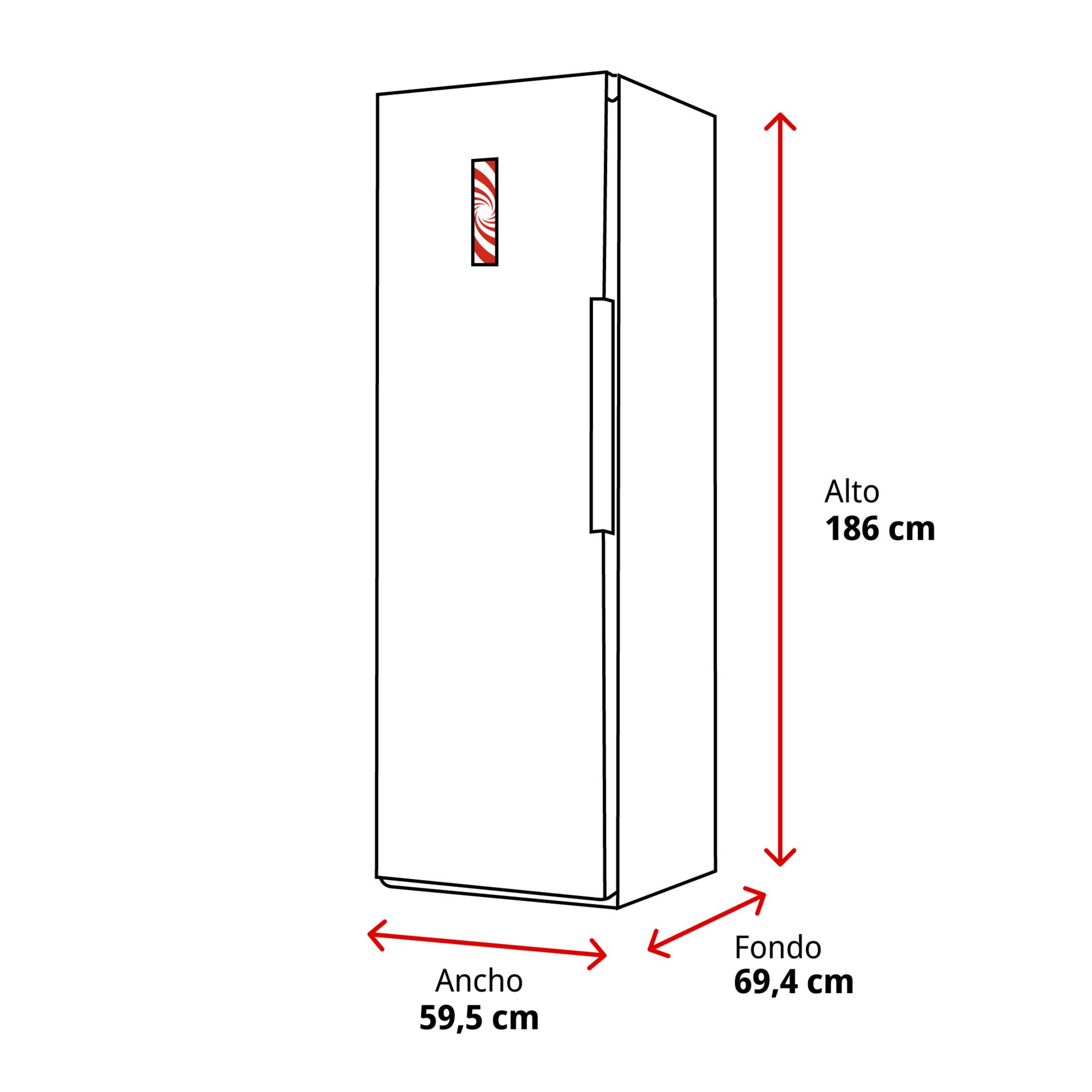 Refrigerador blanco con detalles rojos. Dimensiones: 186cm alto, 59.5cm ancho, 69.4cm fondo.
