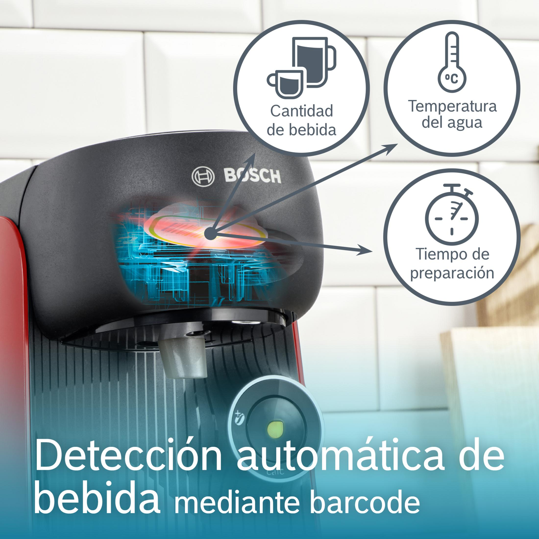 Cafetera Bosch con detección automática de bebida por código de barras.