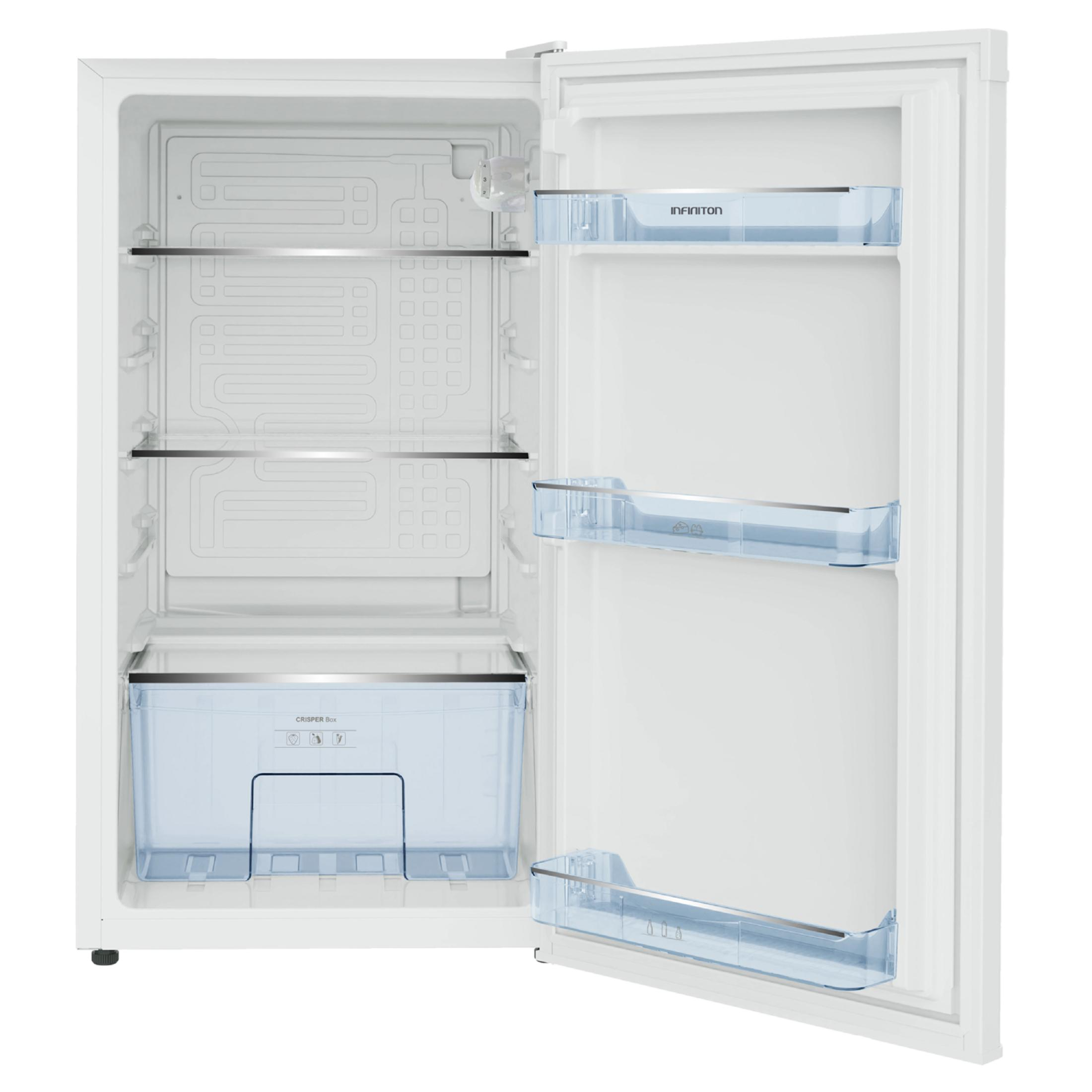 Un refrigerador blanco abierto con estantes azules transparentes y un cajón para verduras.