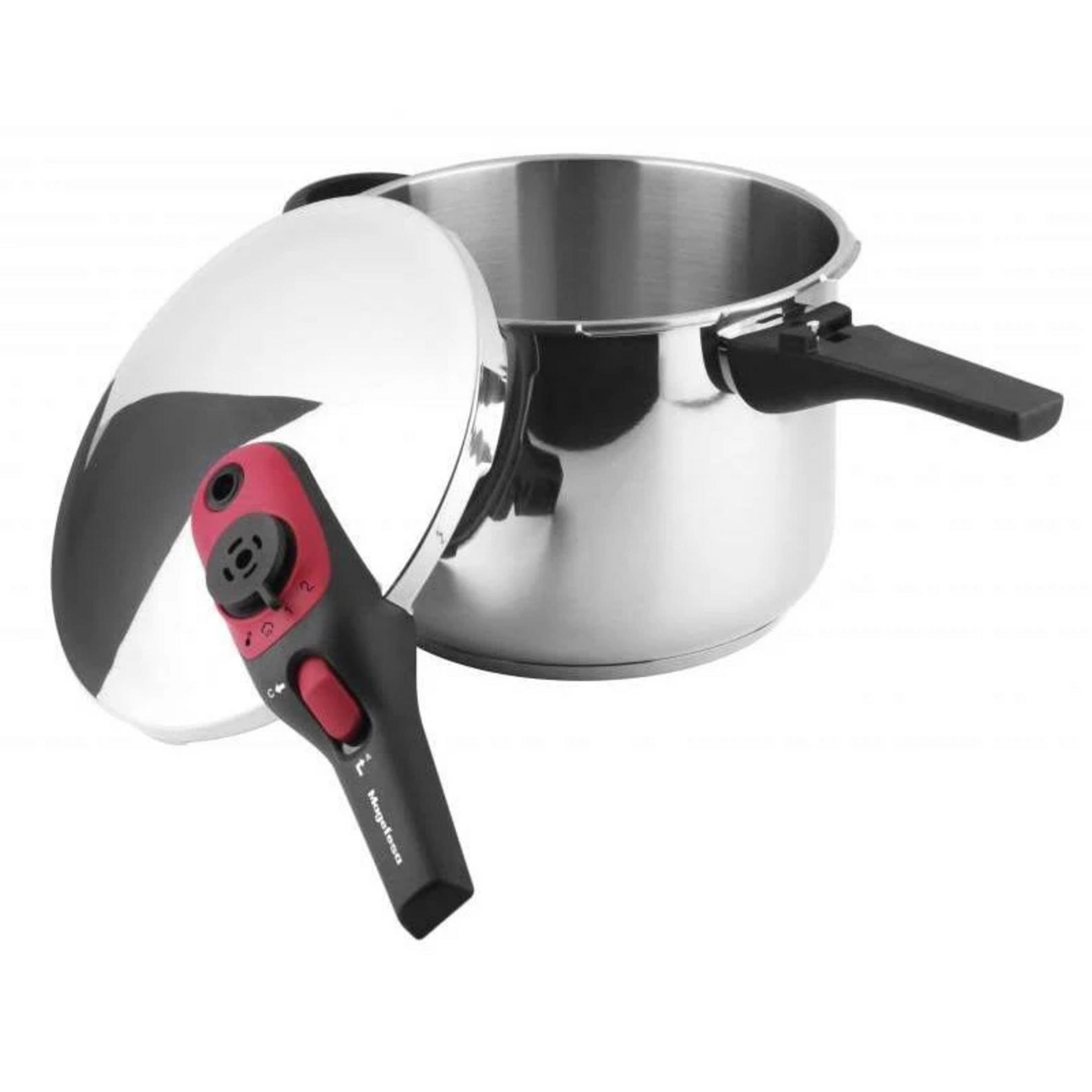 Una olla de acero inoxidable con la tapa abierta, mostrando un asa roja con controles.