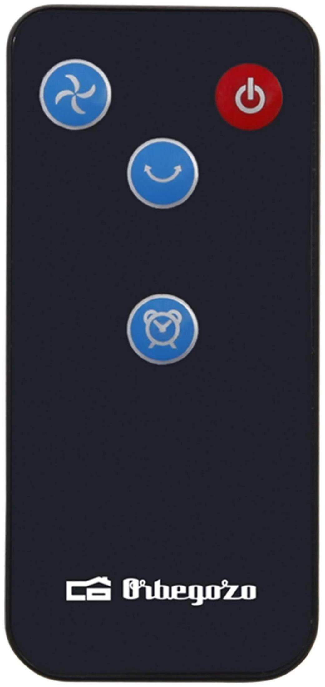 Telecomando blu scuro con icone di ventola, luna e sveglia.