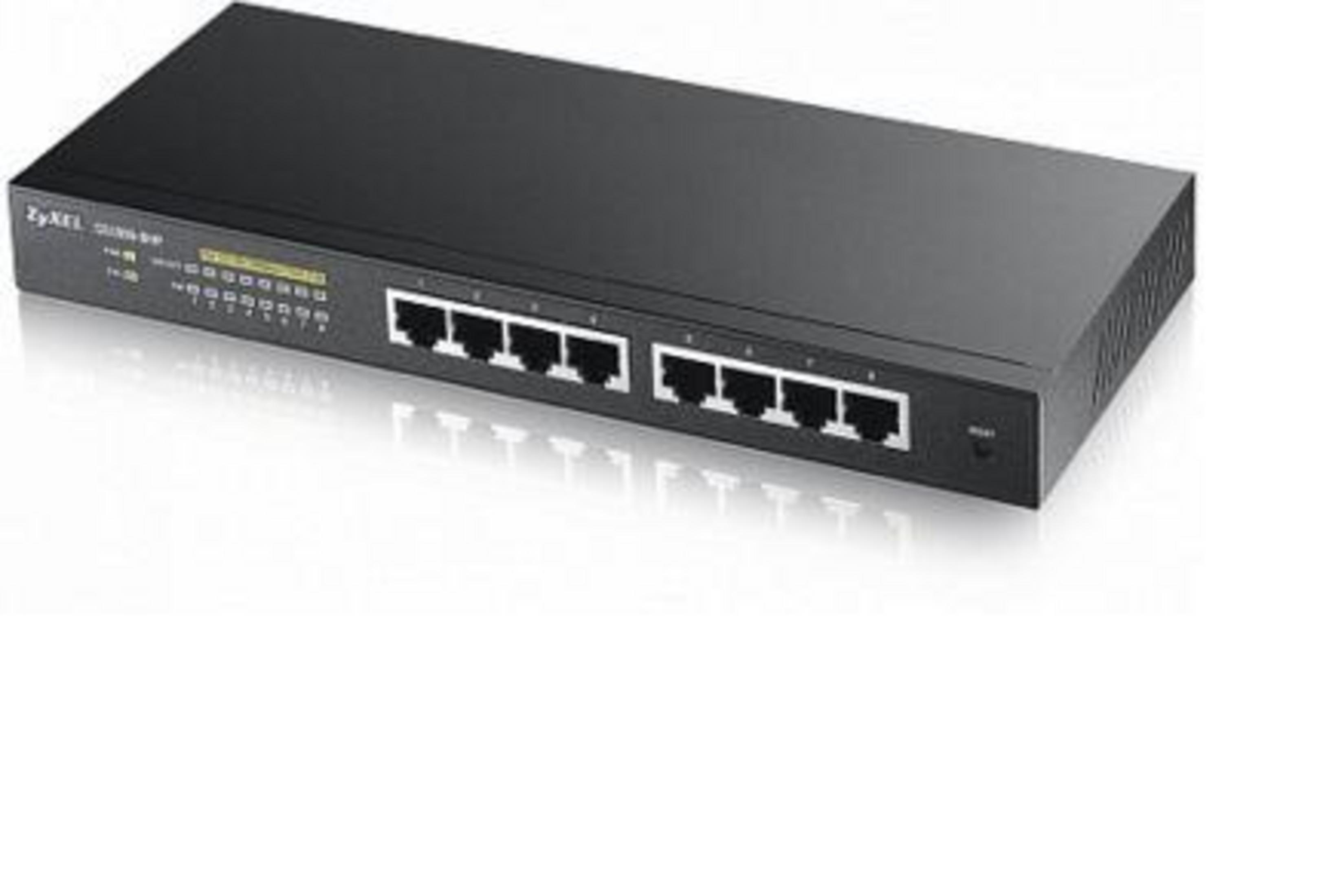 Uno switch di rete ZyXEL nero con otto porte Ethernet e spie LED di stato.