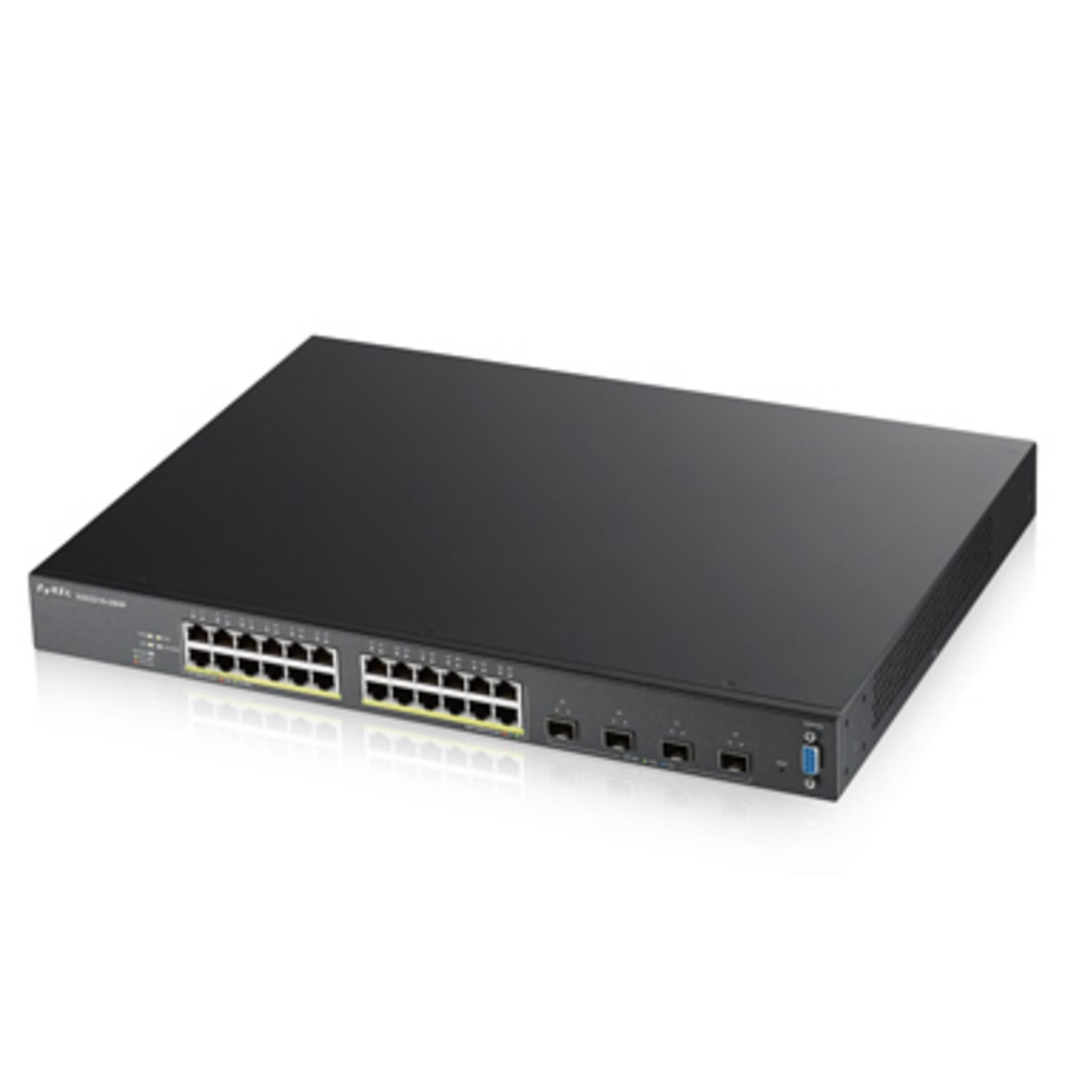 Uno switch di rete nero con 24 porte e prese di connessione frontali.