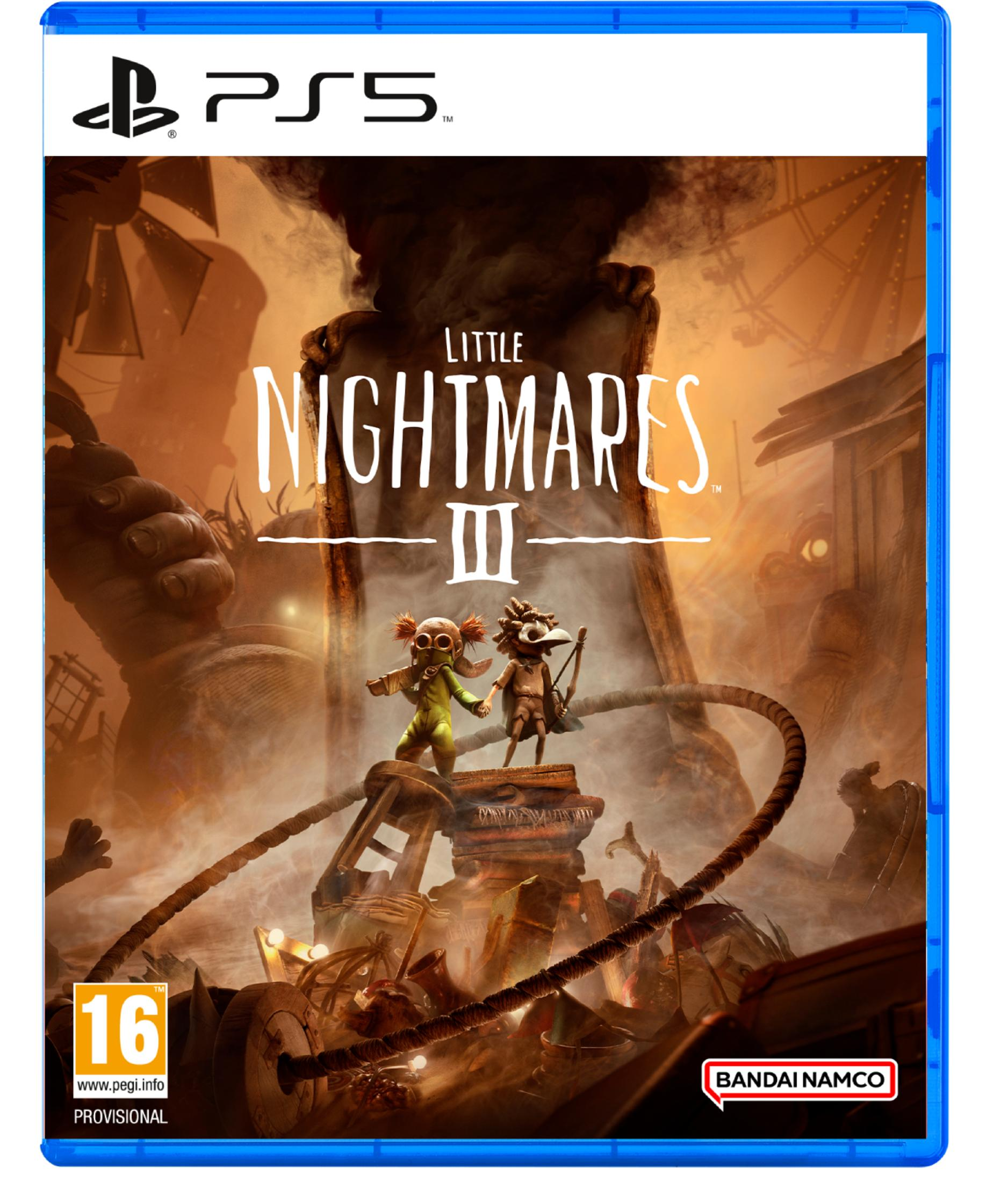 Copertina PS5 di Little Nightmares III con due bambini su uno sfondo grande e minaccioso.