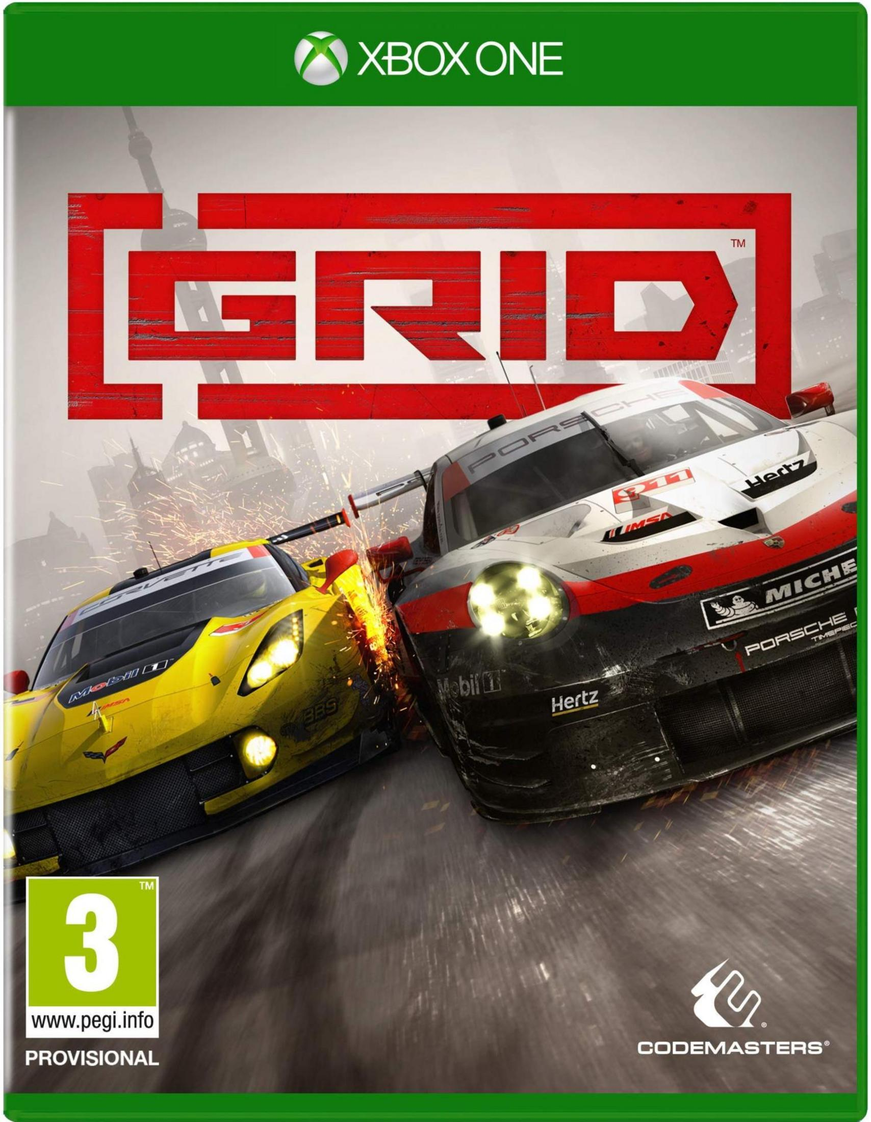 Dos coches de carreras, Corvette amarillo y Porsche blanco, chocan, chispeando. Juego Xbox One.