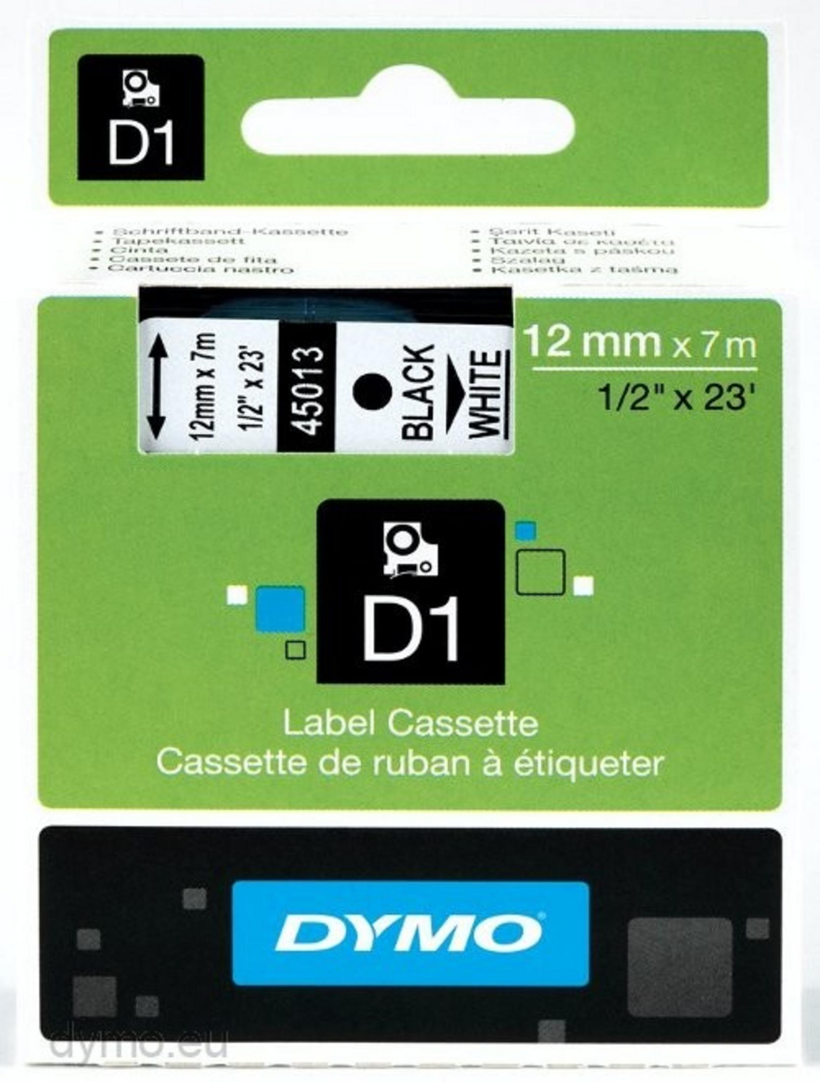 D1 Label Cassette 12mm x 7m, schwarz auf weißem Band, DYMO.