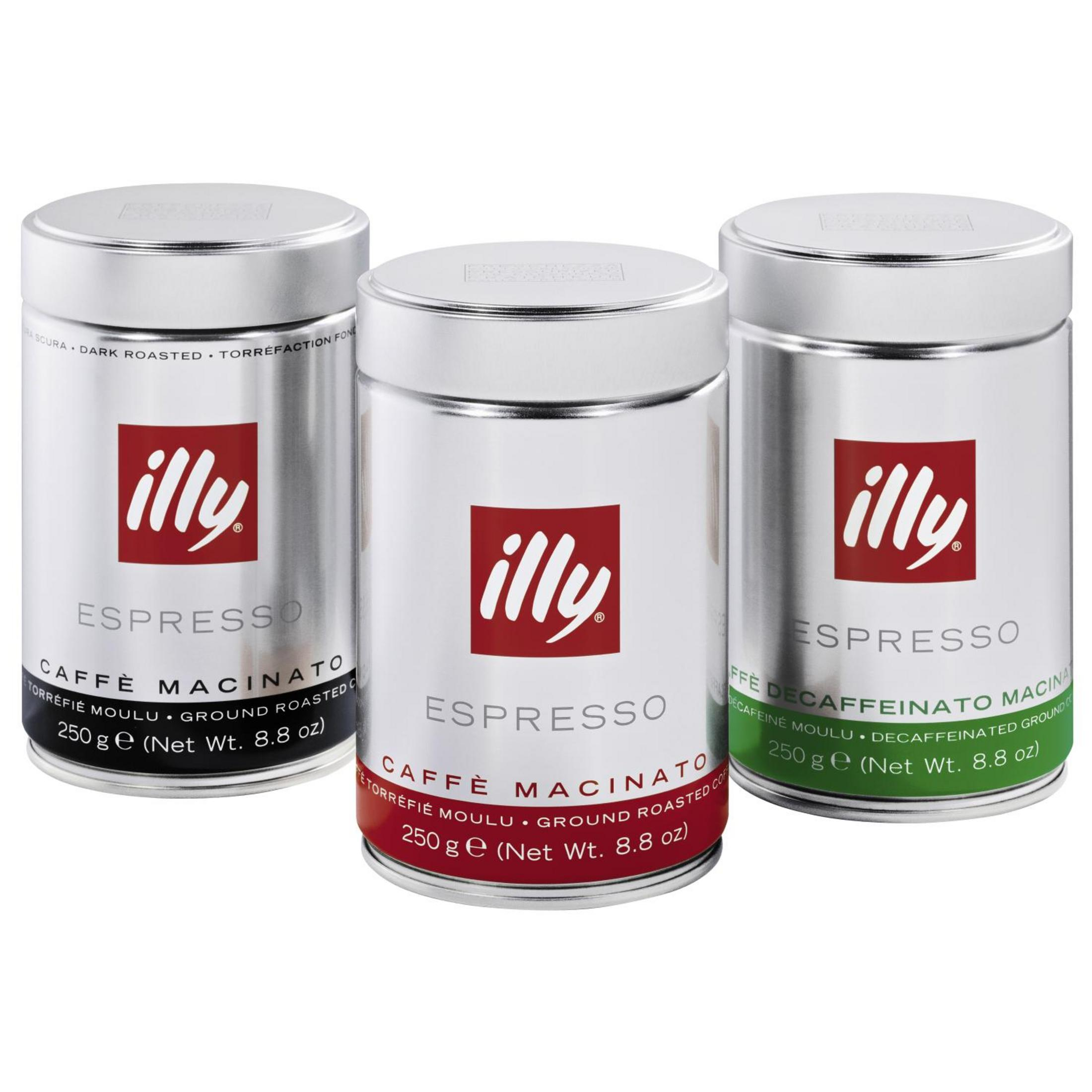 Drei Illy Espressokaffee-Dosen: Espresso, Macinato und Decaffeinato.