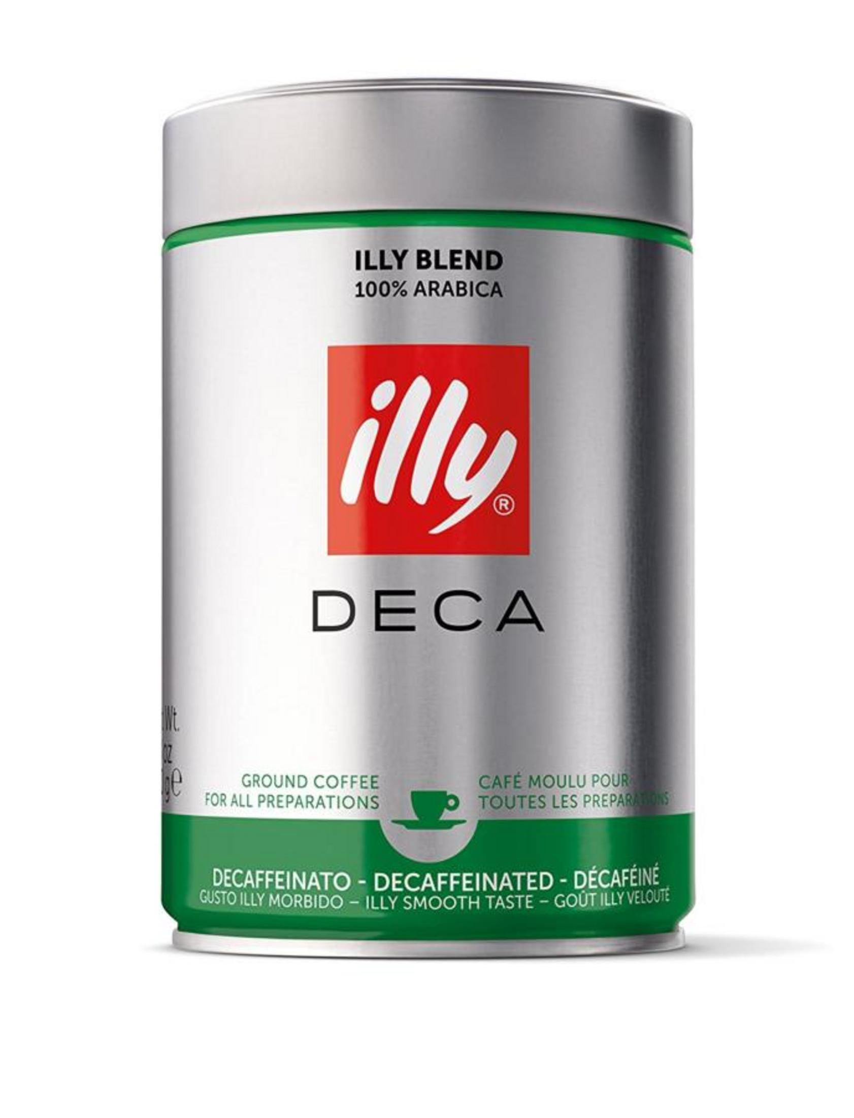 Illy Deca 100% Arabica gemahlener Kaffee in silberner Dose.