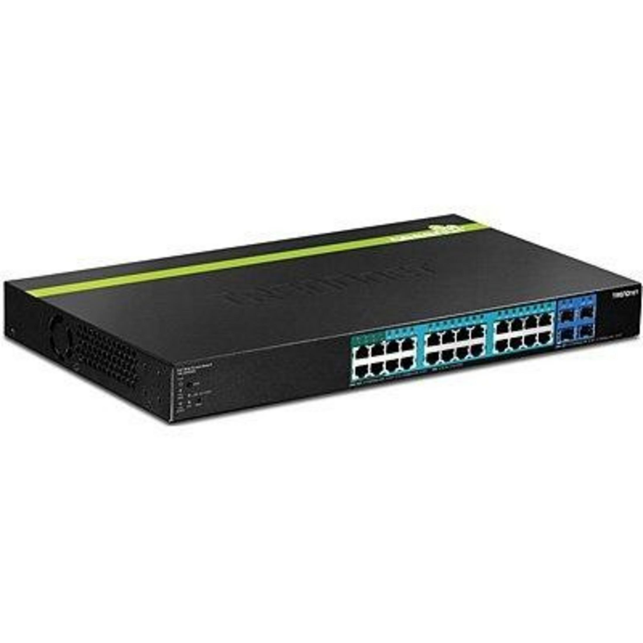 Uno switch di rete nero con striscia verde e blu, dotato di porte RJ45.