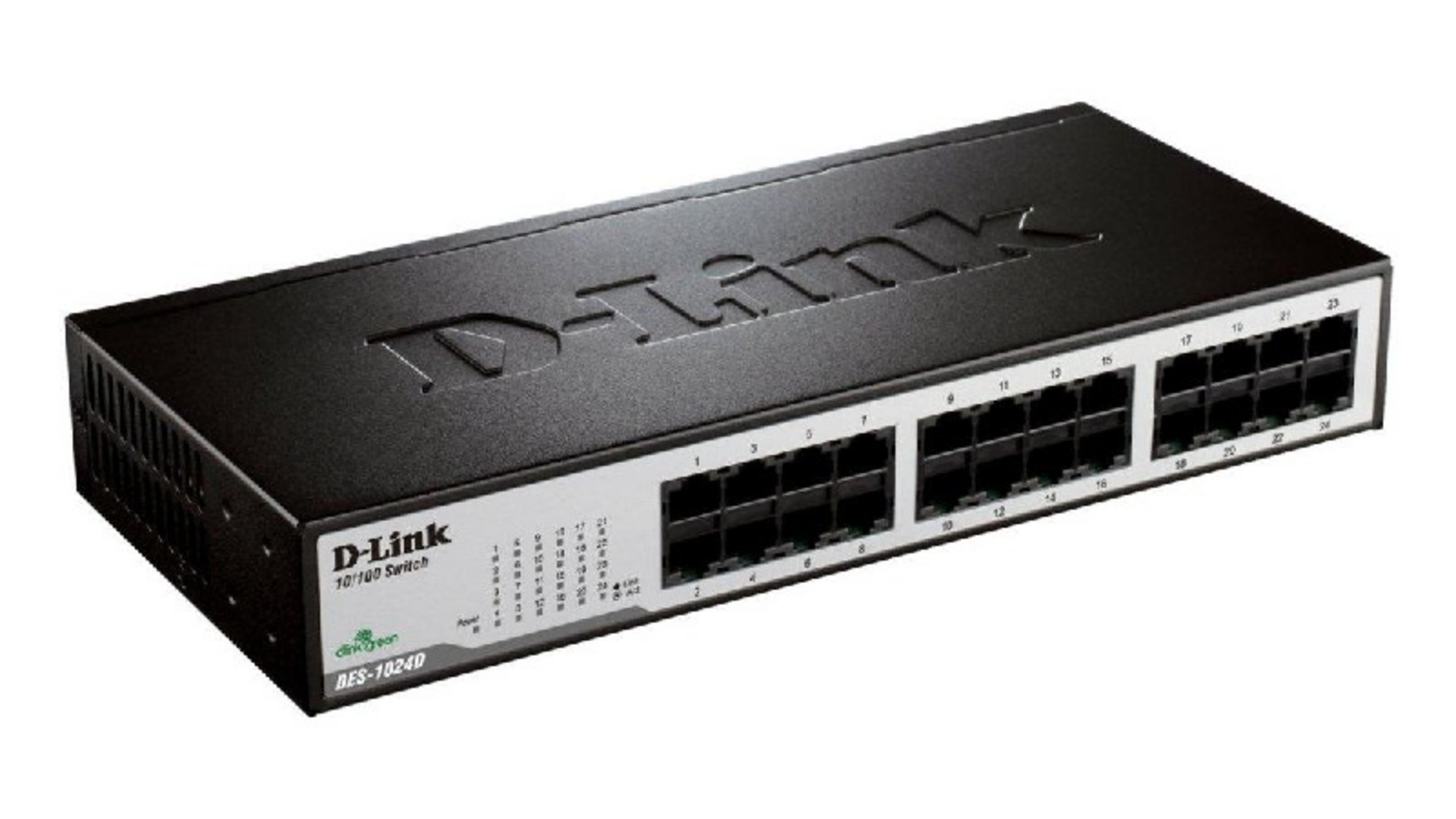 Uno switch D-Link nero 24 porte 10/100 con porte Ethernet.