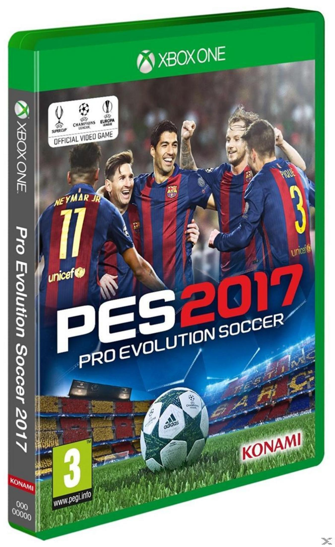 Okładka Xbox One do PES 2017 z piłkarzami, logotypami i stadionem.