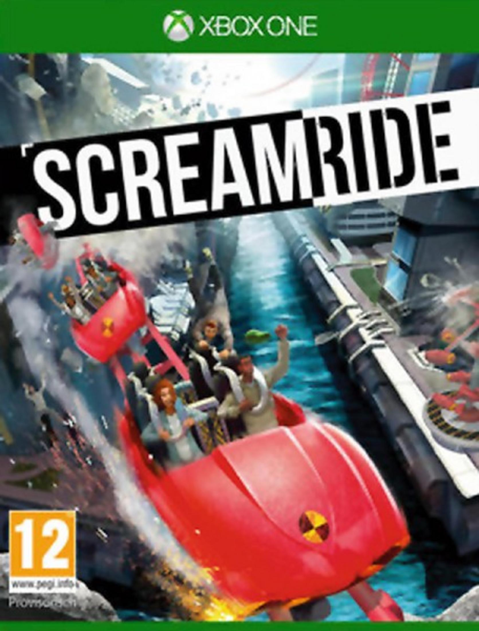 Copertina Scream Ride Xbox One con montagne russe e persone.