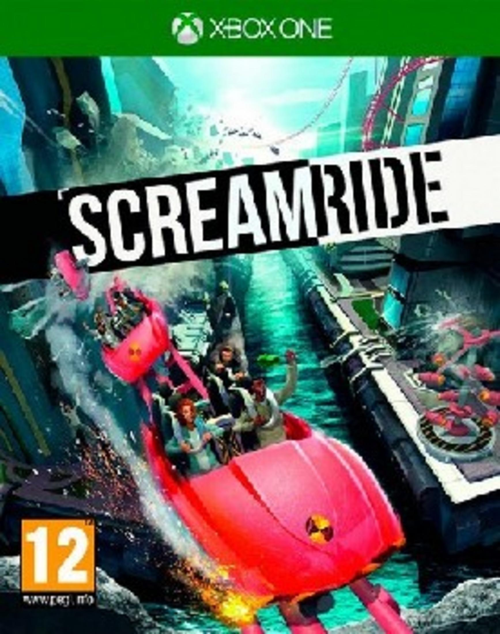Copertina gioco Xbox One: Scremride. Montagne russe rosa con persone si tuffano su un tracciato.