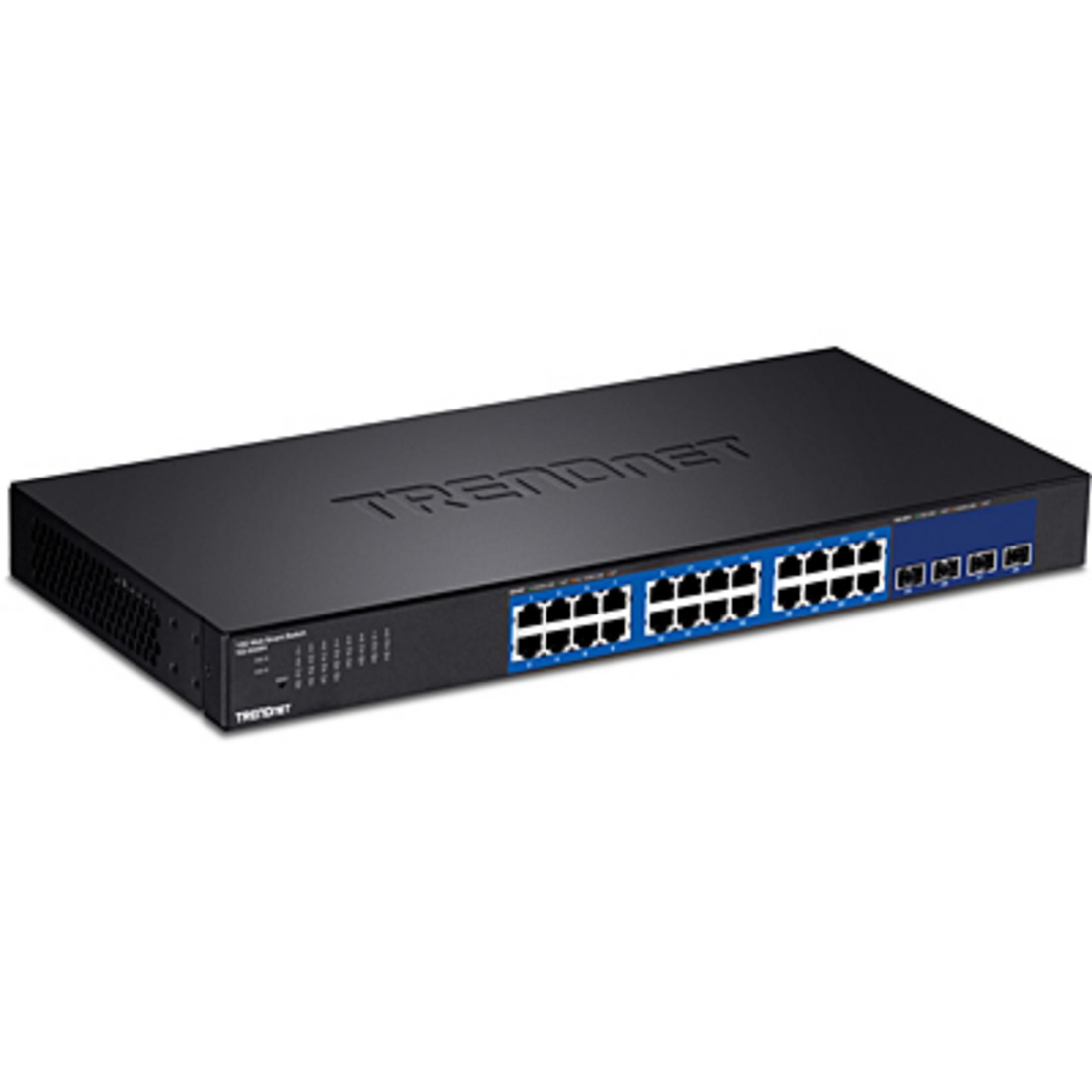 Switch di rete TRENDnet nero con 24 porte Ethernet blu e 4 porte più piccole.