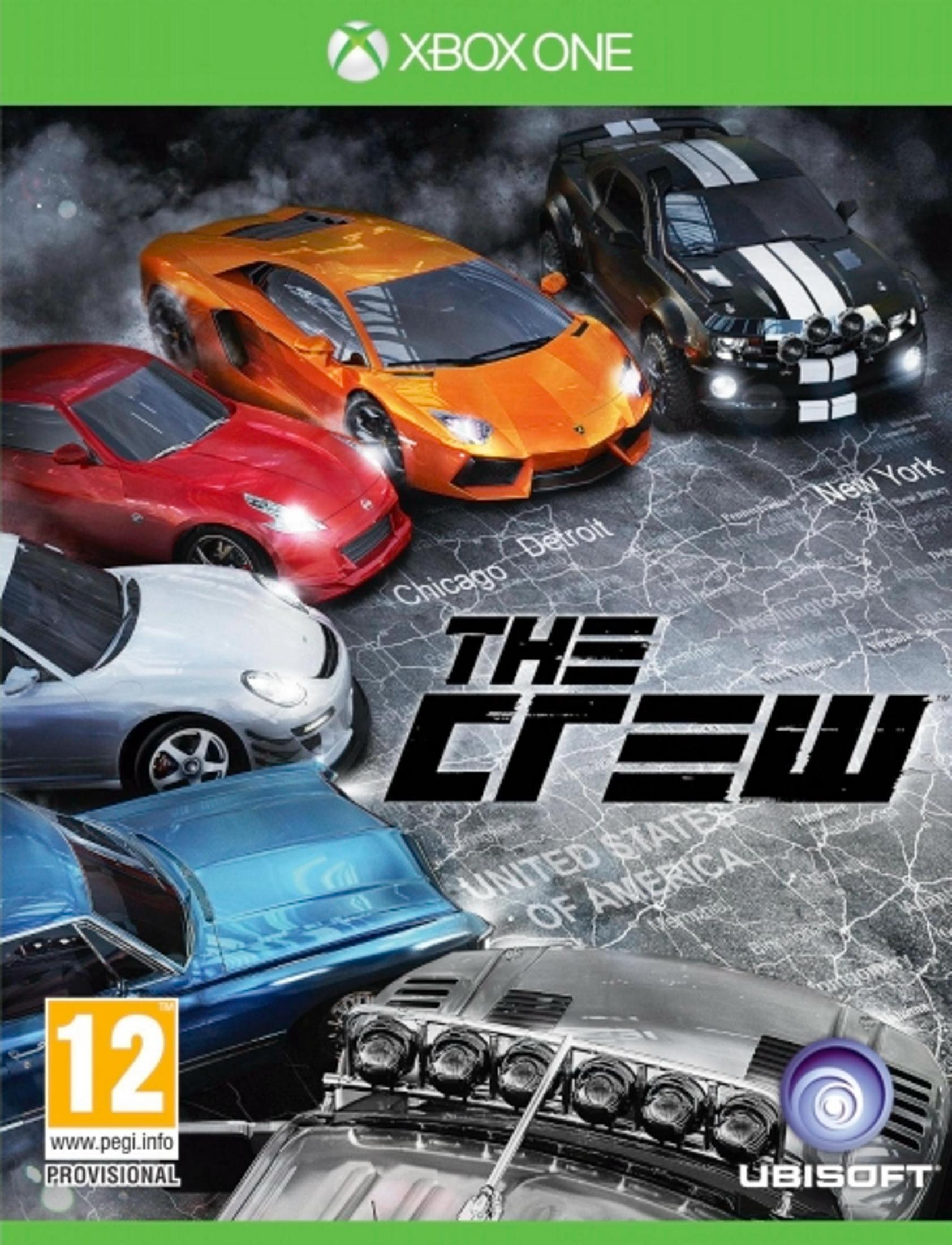 Okładka gry Xbox One: The Crew. Zawiera wiele samochodów i mapę USA.
