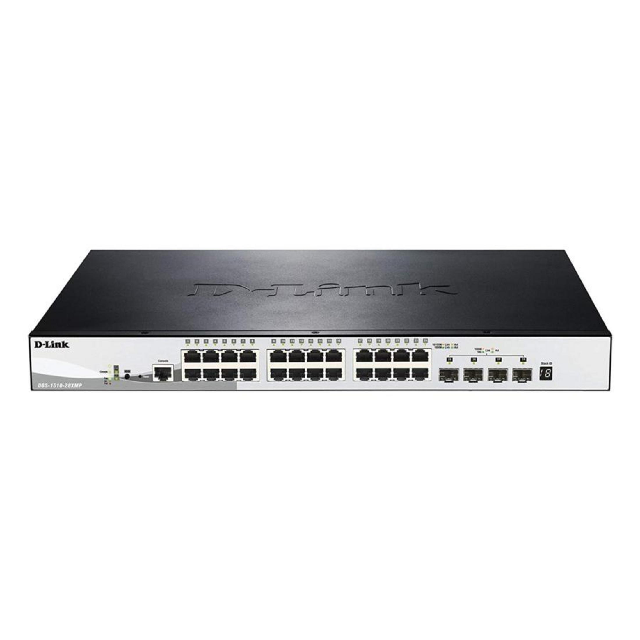 Switch de red D-Link DGS-1510-28XMP con 28 puertos y puerto de consola.
