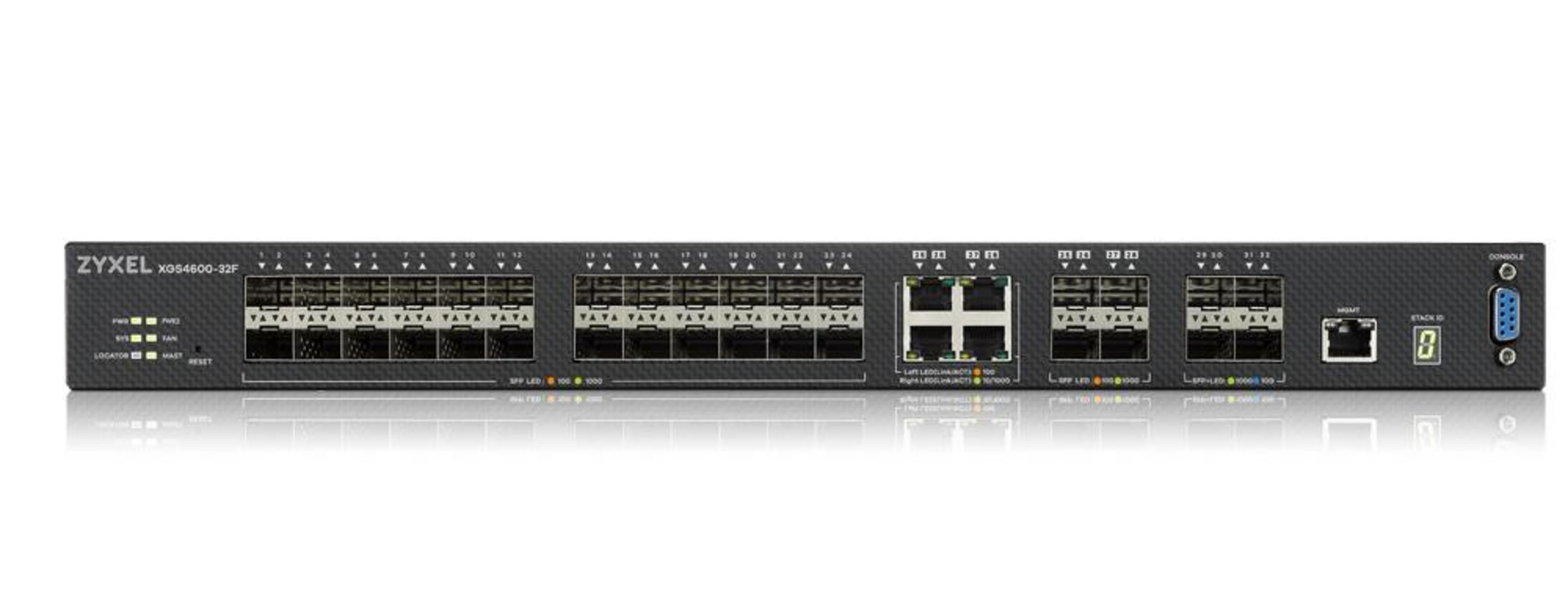Un dispositivo switch di rete Zyxel grigio con molte porte e LED.