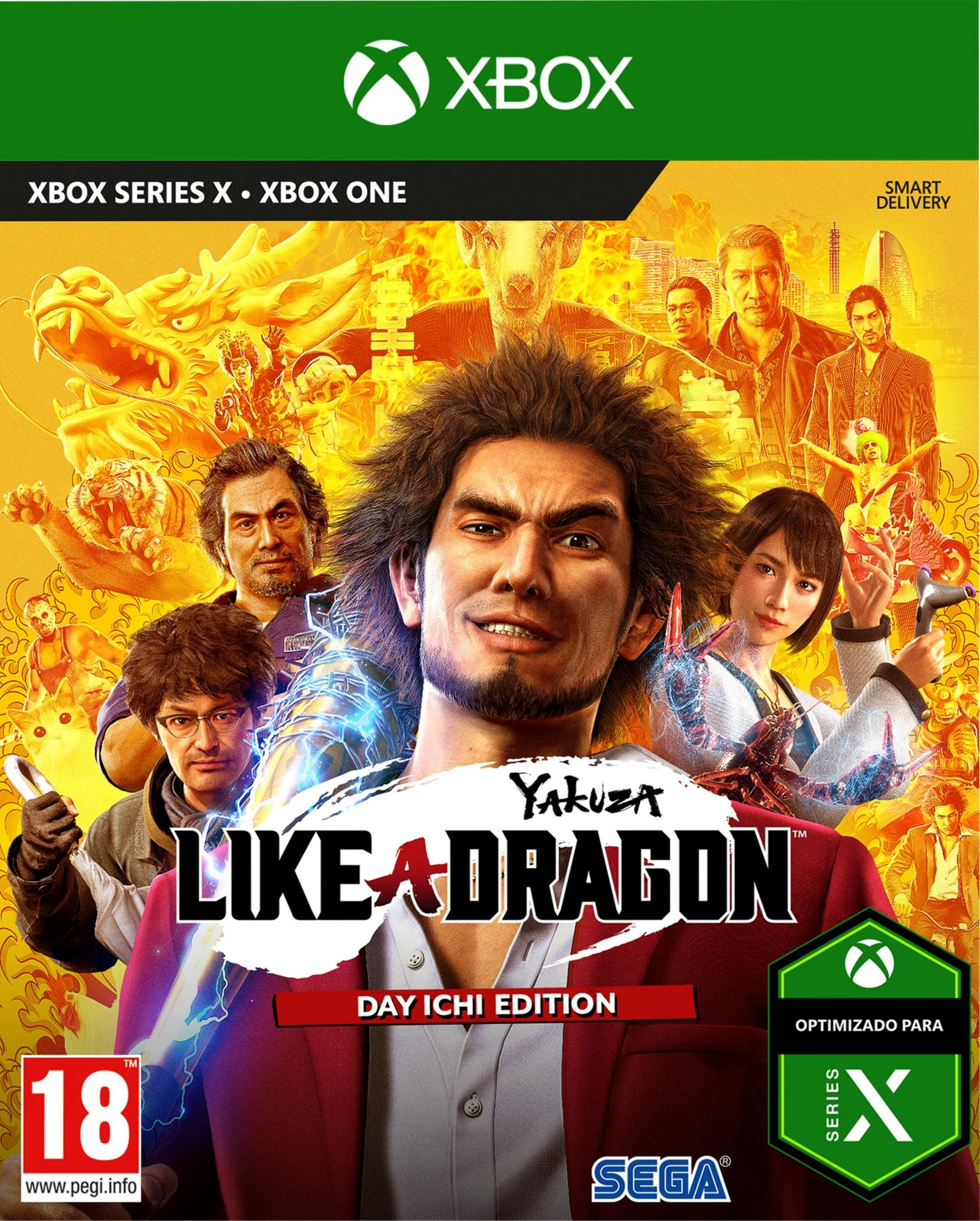 Copertina di Yakuza: Like a Dragon con personaggi, drago e logo Xbox.