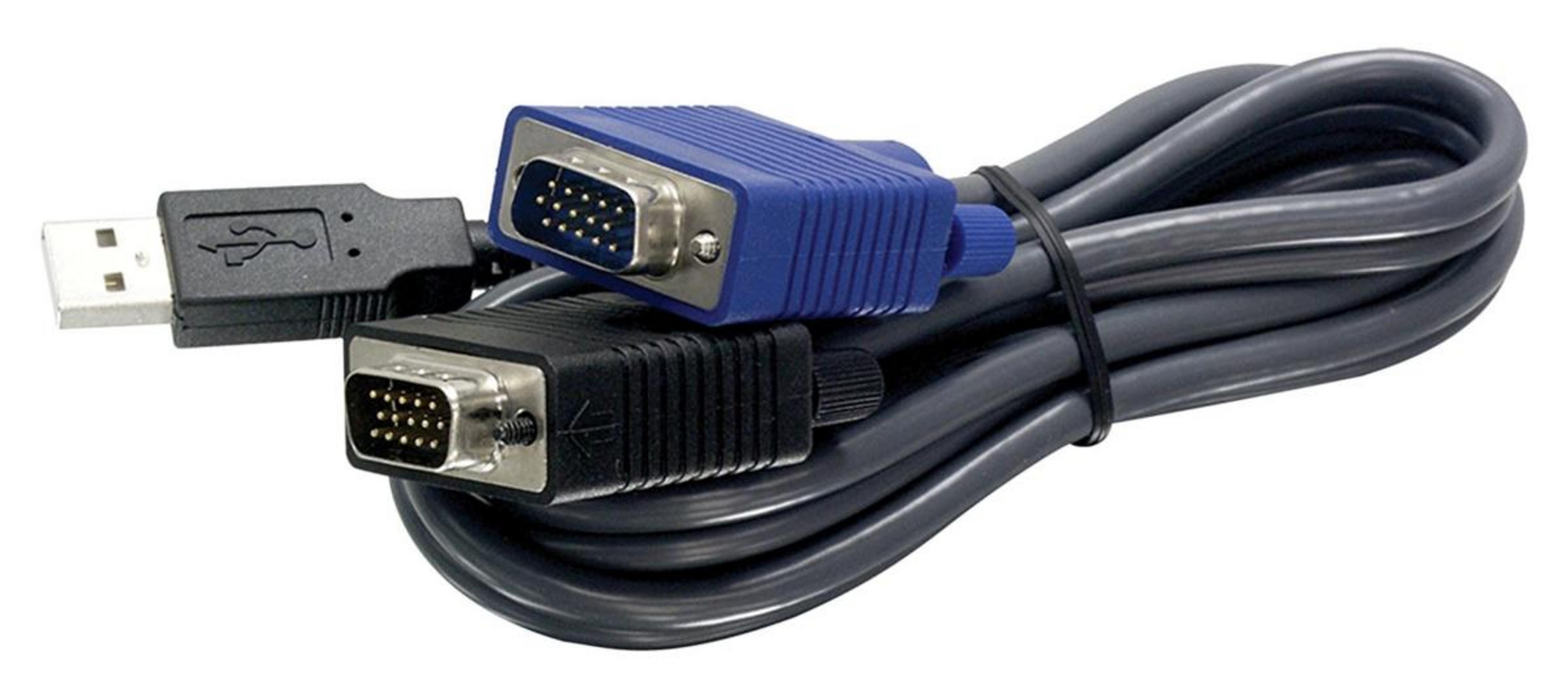 Ein USB-zu-VGA-Kabel mit schwarzen und blauen Steckern auf einem grauen Kabel.