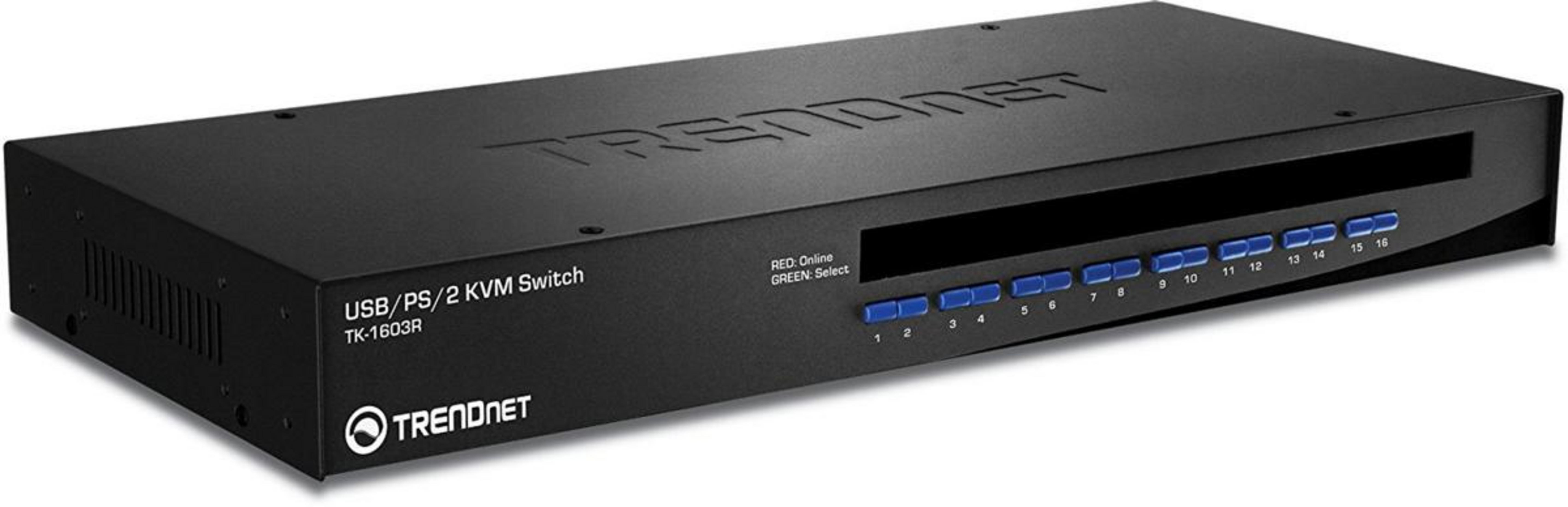 Switch KVM TRENDnet negro con 16 botones de selección azules e indicadores de estado.