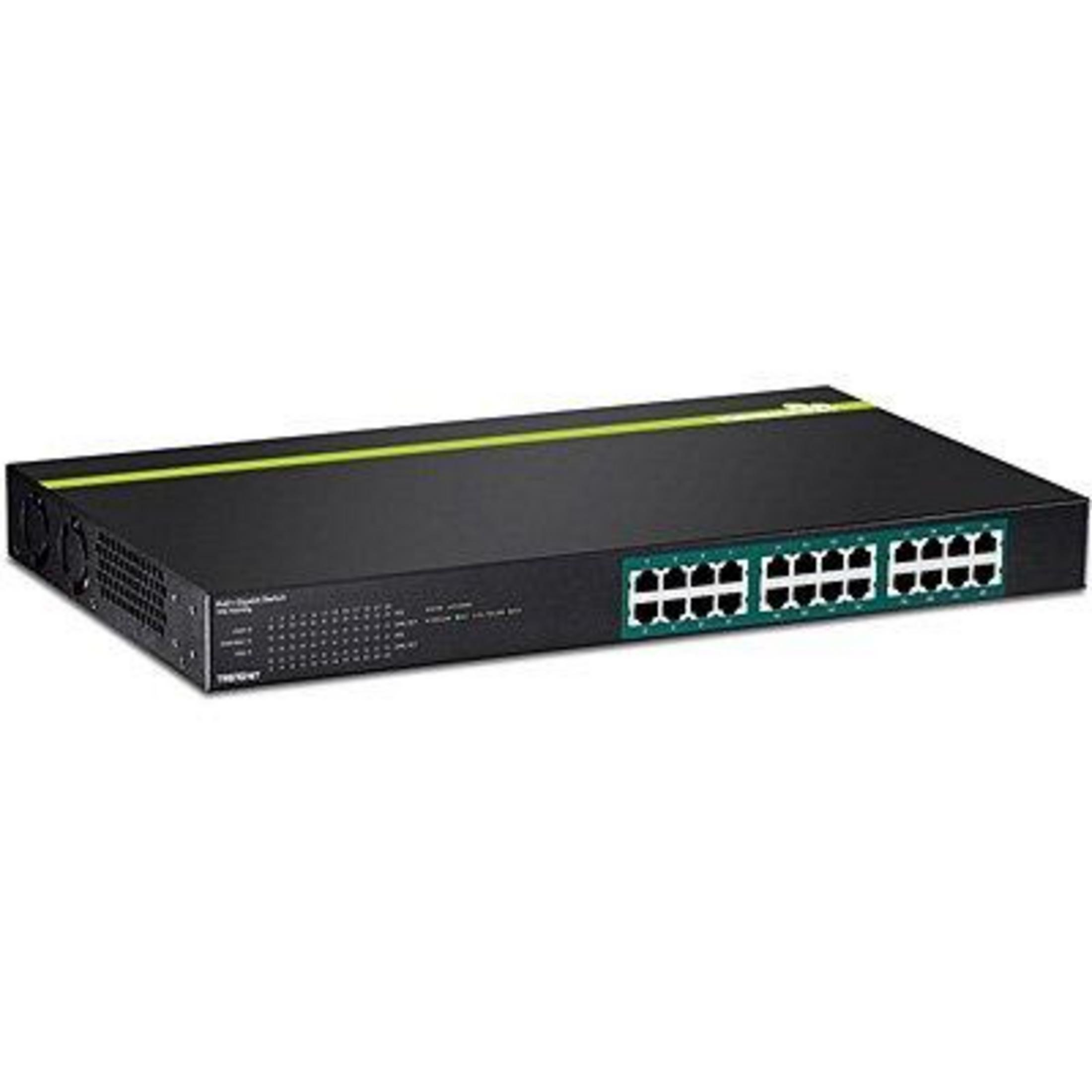 Uno switch di rete nero con striscia verde e porte multiple.