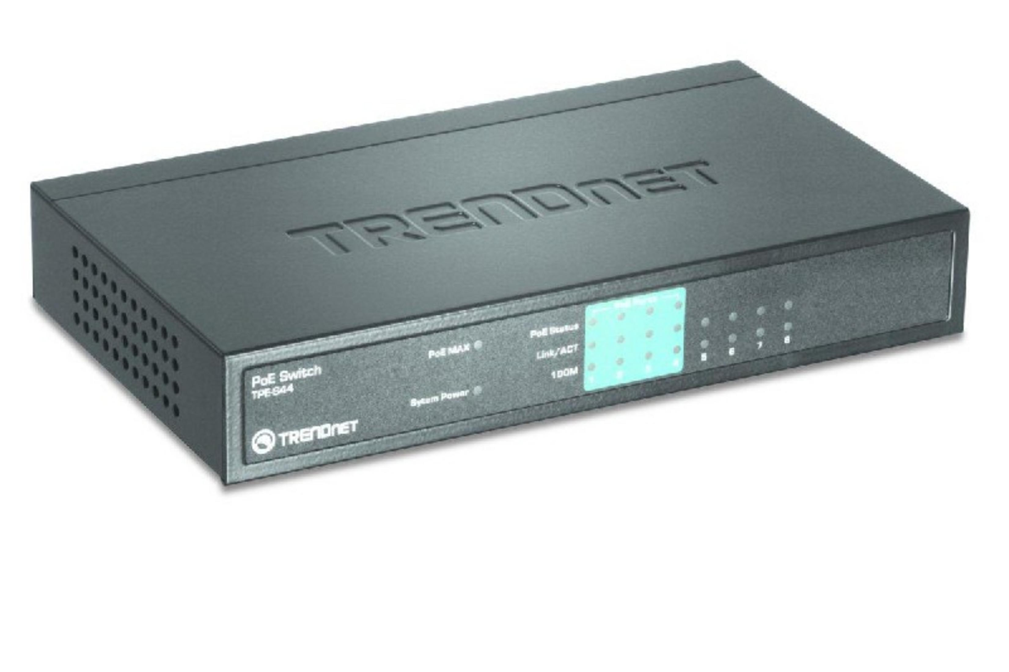 Uno switch TRENDnet PoE TPE-844 nero con spie di stato.