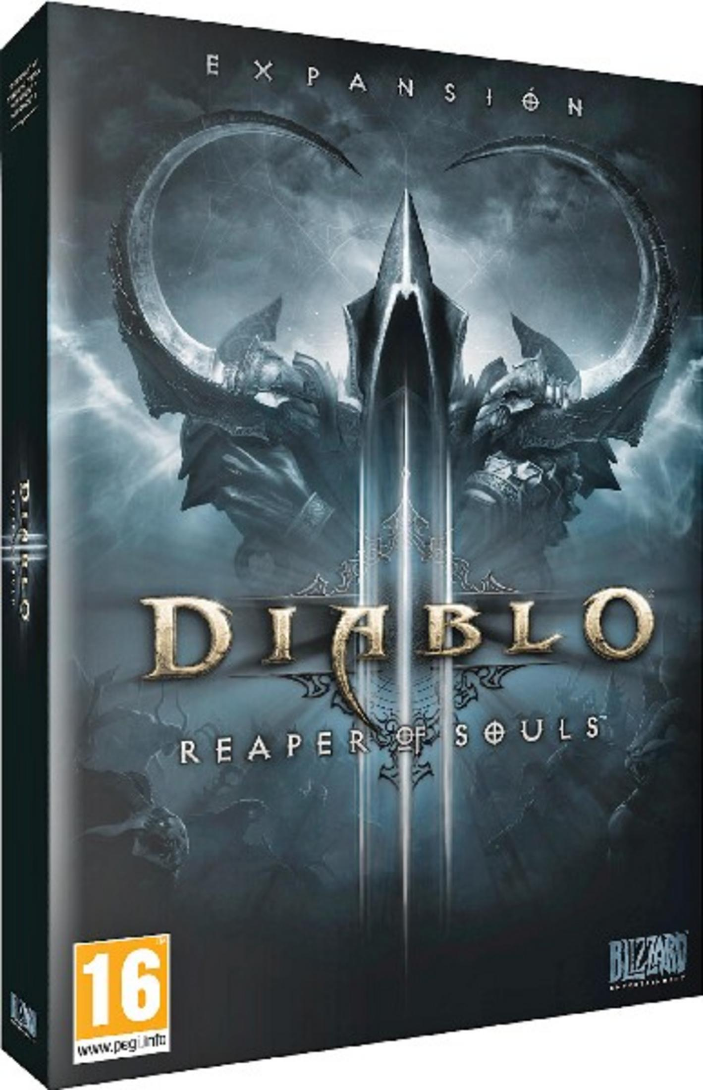 Caja de expansión Diablo III: Reaper of Souls con figura oscura y espadas.