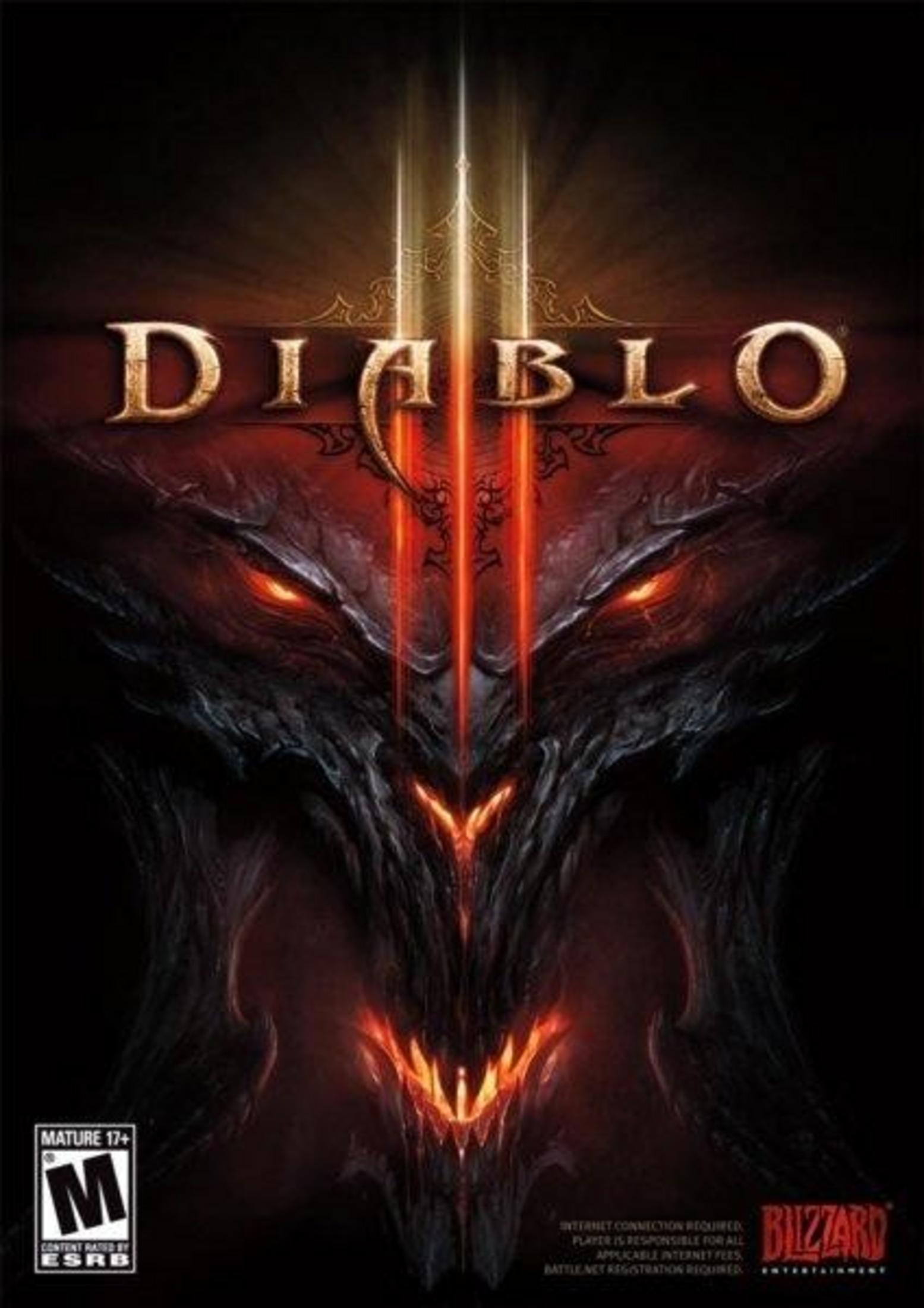 La portada de Diablo 3 presenta una cabeza demoníaca con ojos brillantes.