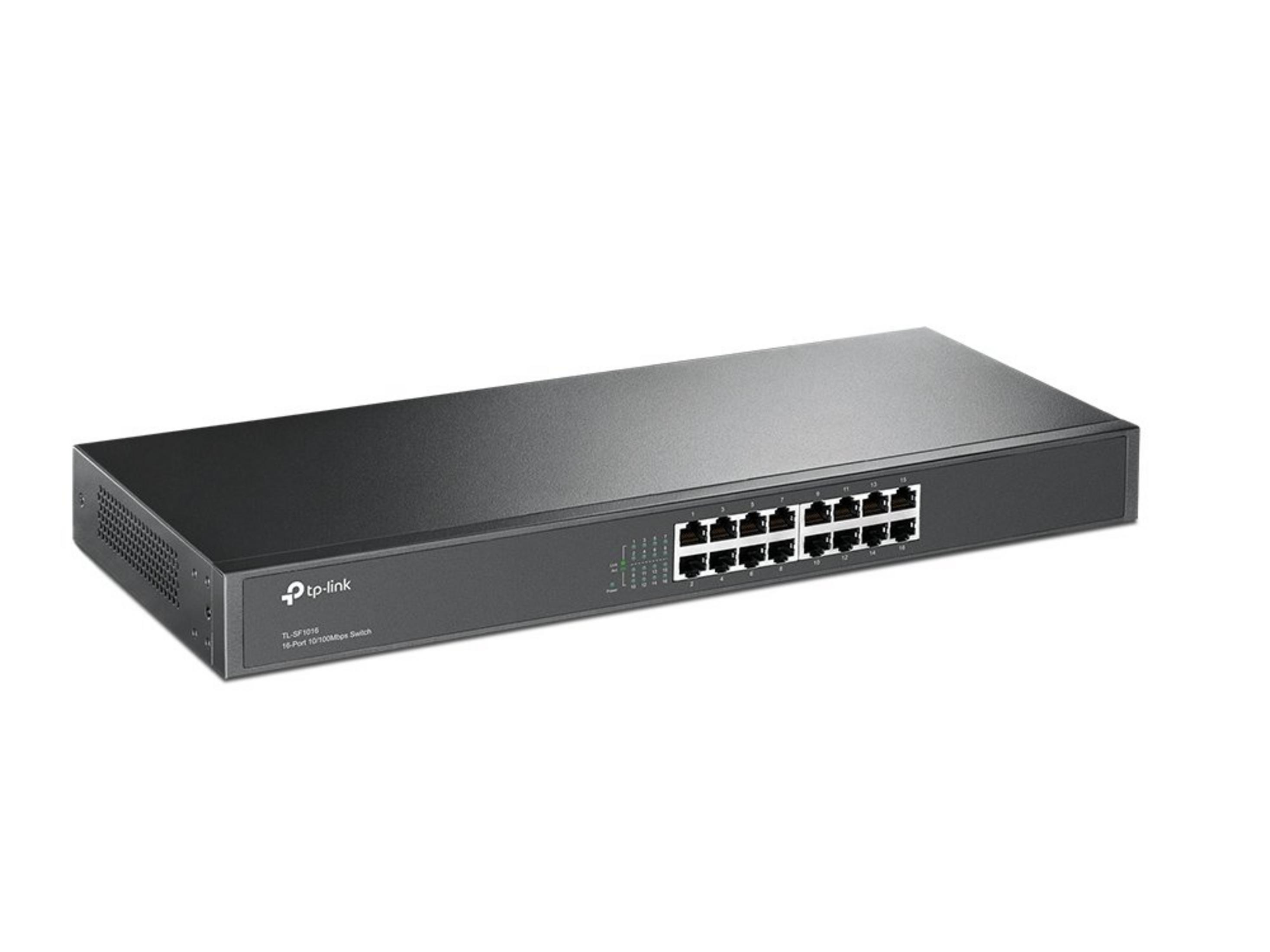 Schwarzer 16-Port 10/100Mbps TP-Link Switch mit Ethernet-Anschlüssen.