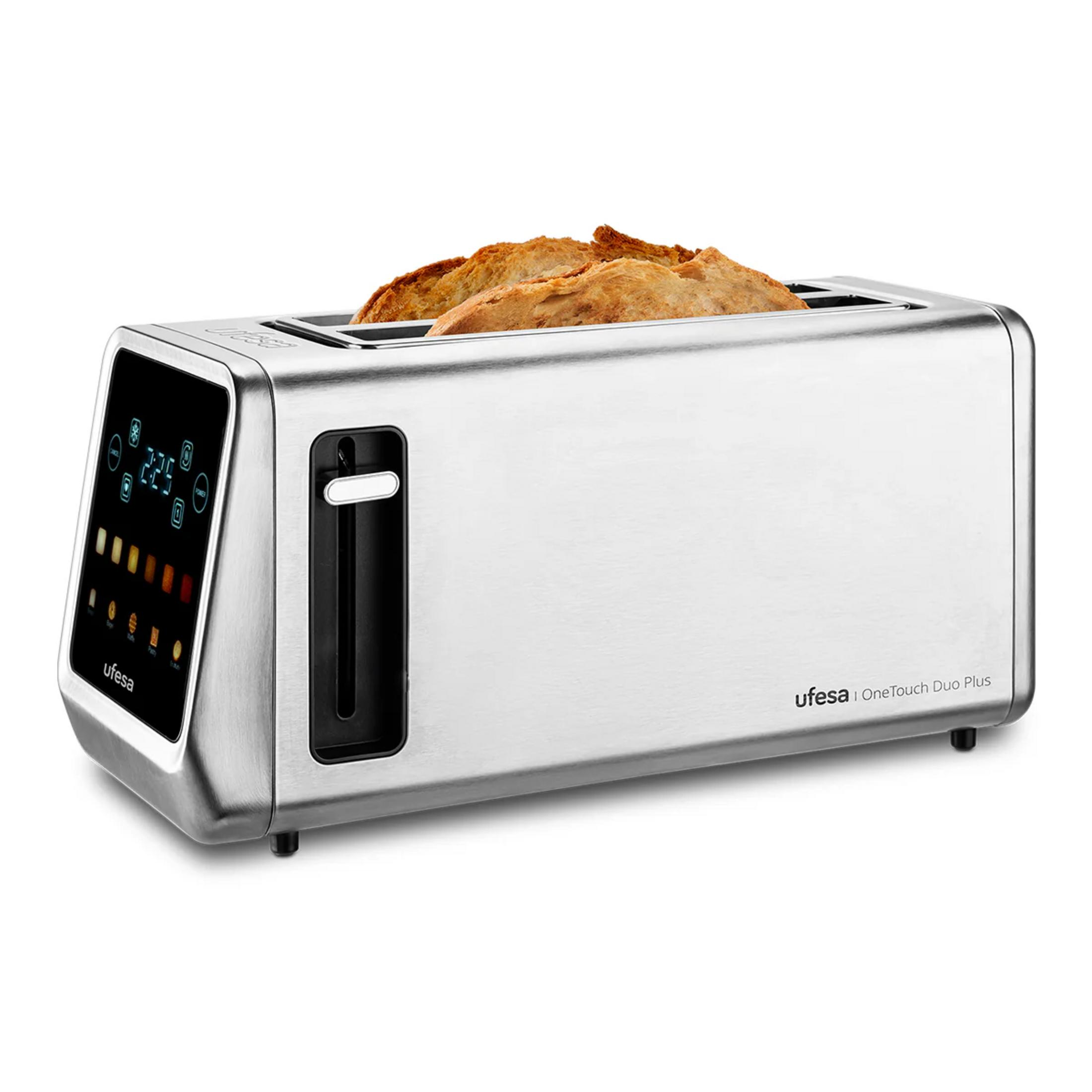 Tostapane in acciaio inossidabile con due fette di toast e display digitale.